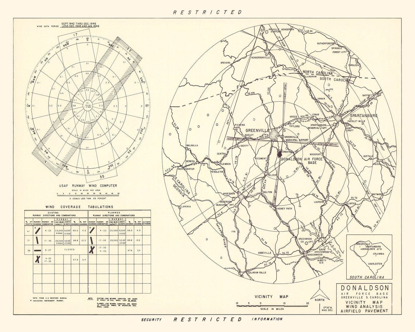 Vintage Map of the Donaldson Air Force Base Vicinity, 1952