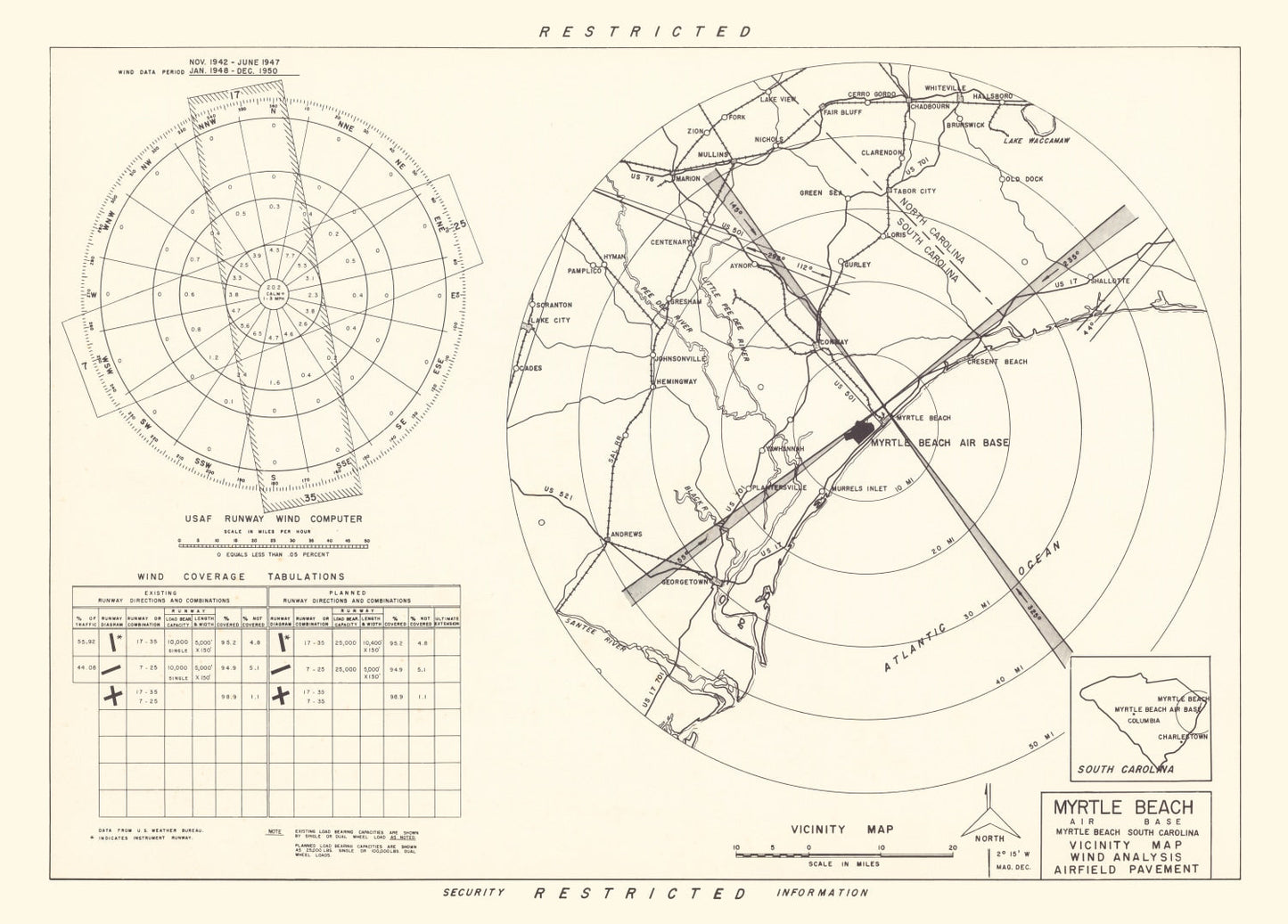 Vintage Map of the Myrtle Beach Air Base Vicinity, 1952