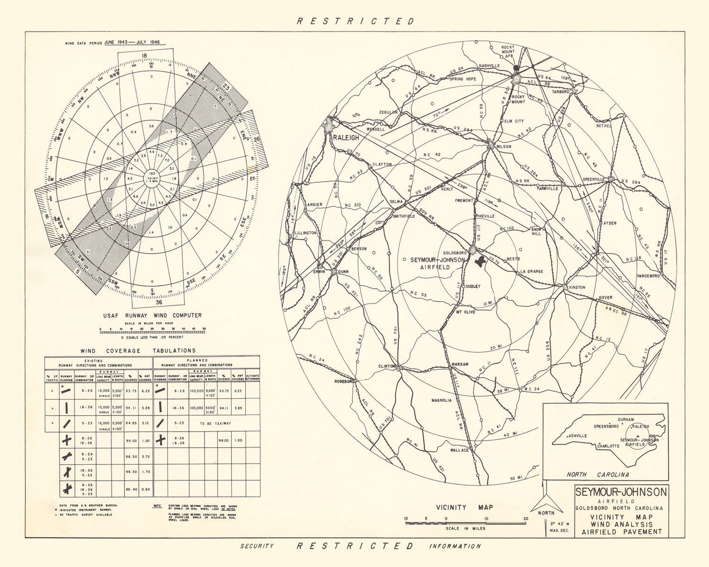 Vintage Map of the Seymour - Johnson Air Base Vicinity, 1953