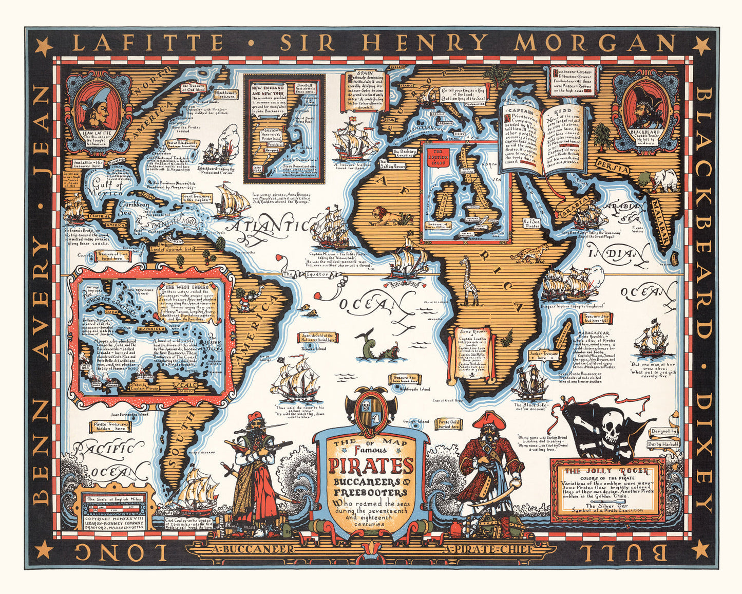 Vintage Map of Pirates & Buccaneers, 1938