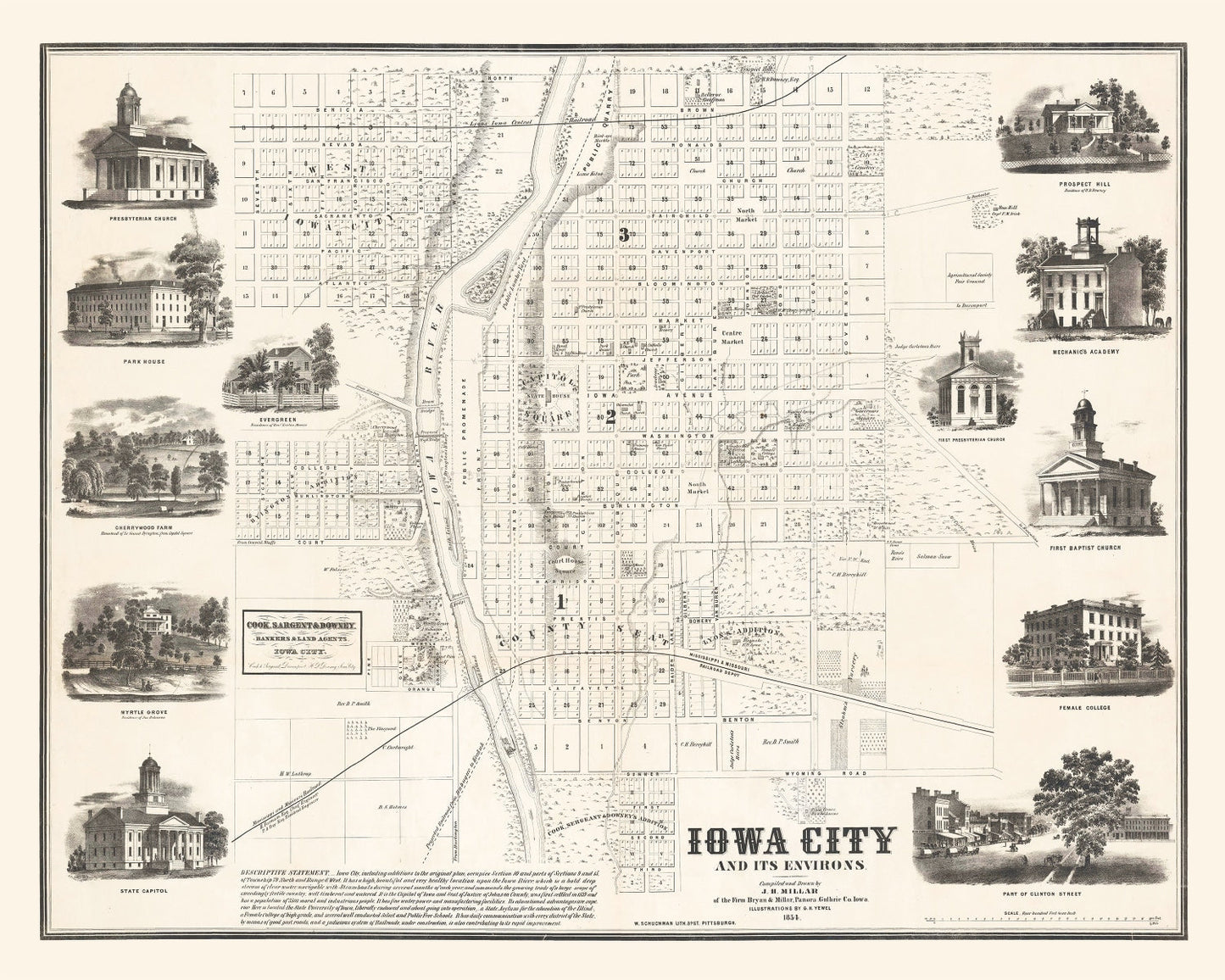 Vintage Map of Iowa City, Iowa 1854