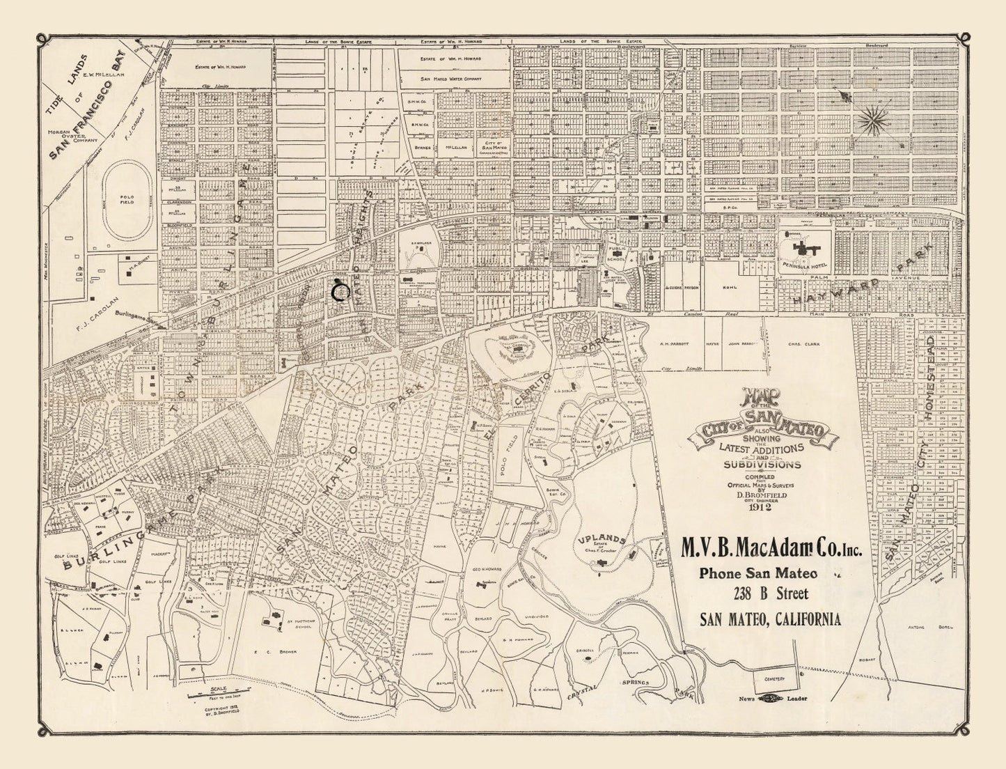 Vintage Map of San Mateo, California 1912