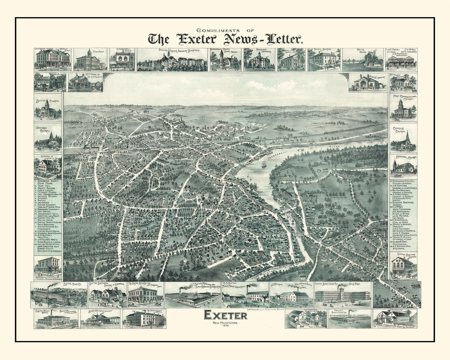 Vintage Map of Exeter, New Hampshire 1896