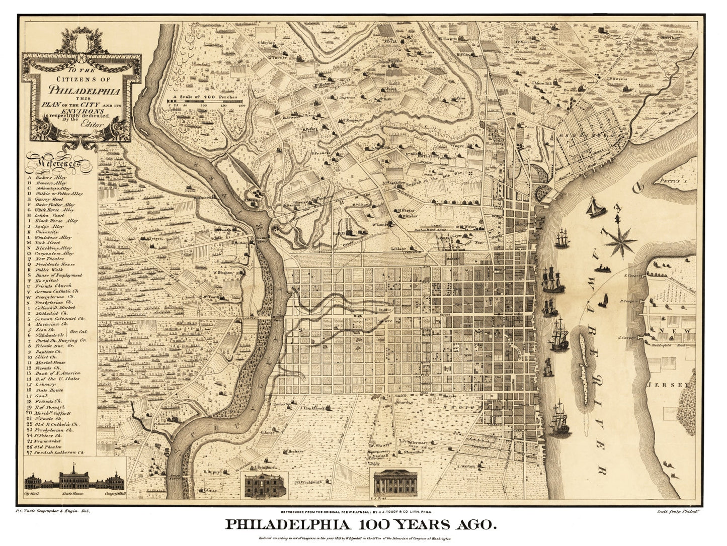 Vintage Map of Philadelphia, Pennsylvania 1875