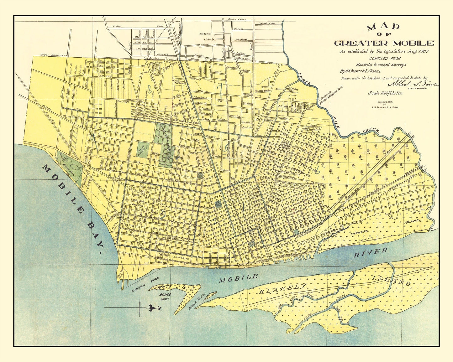 Vintage Map of Mobile, Alabama 1907
