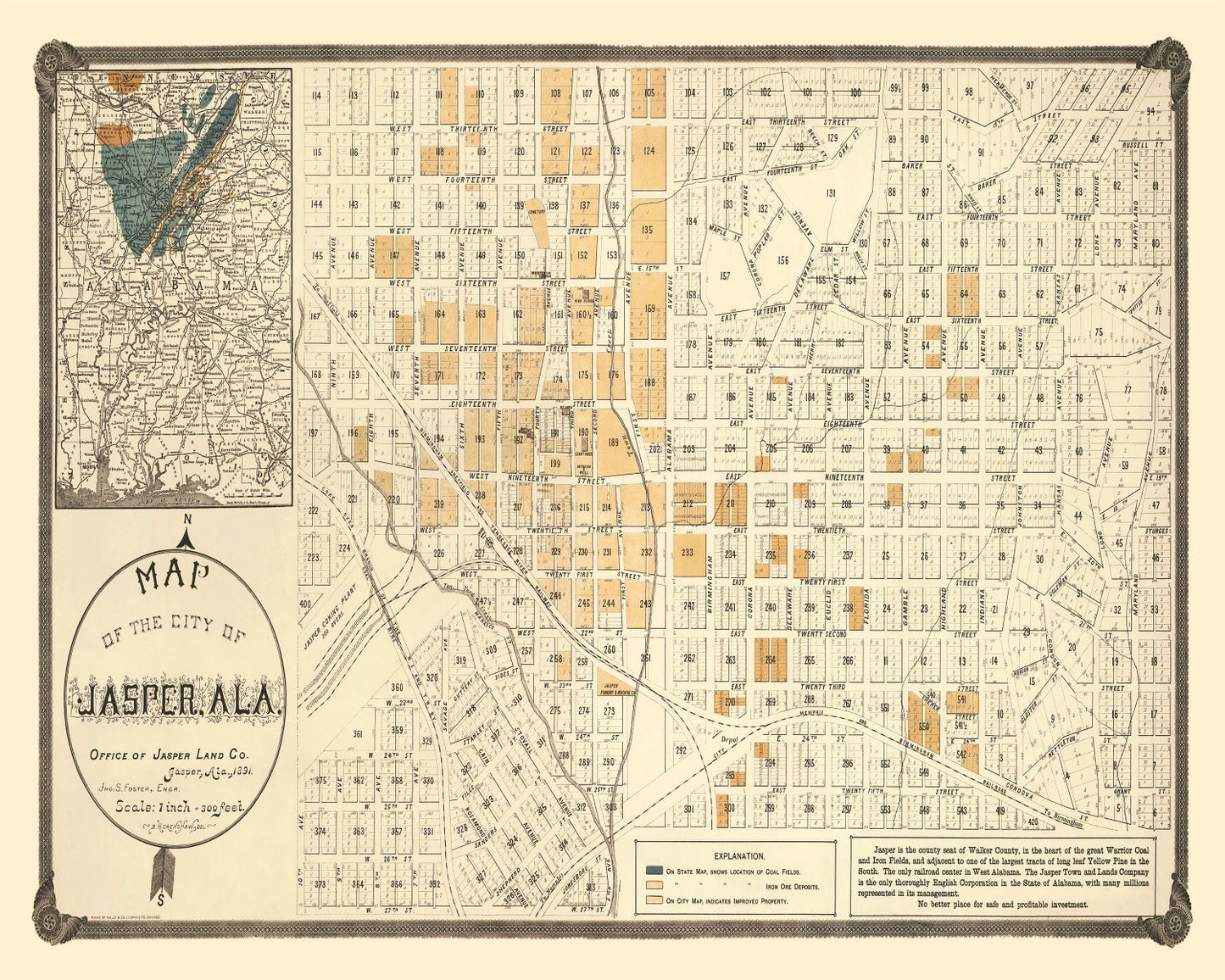 Vintage Map of Jasper, Alabama 1891