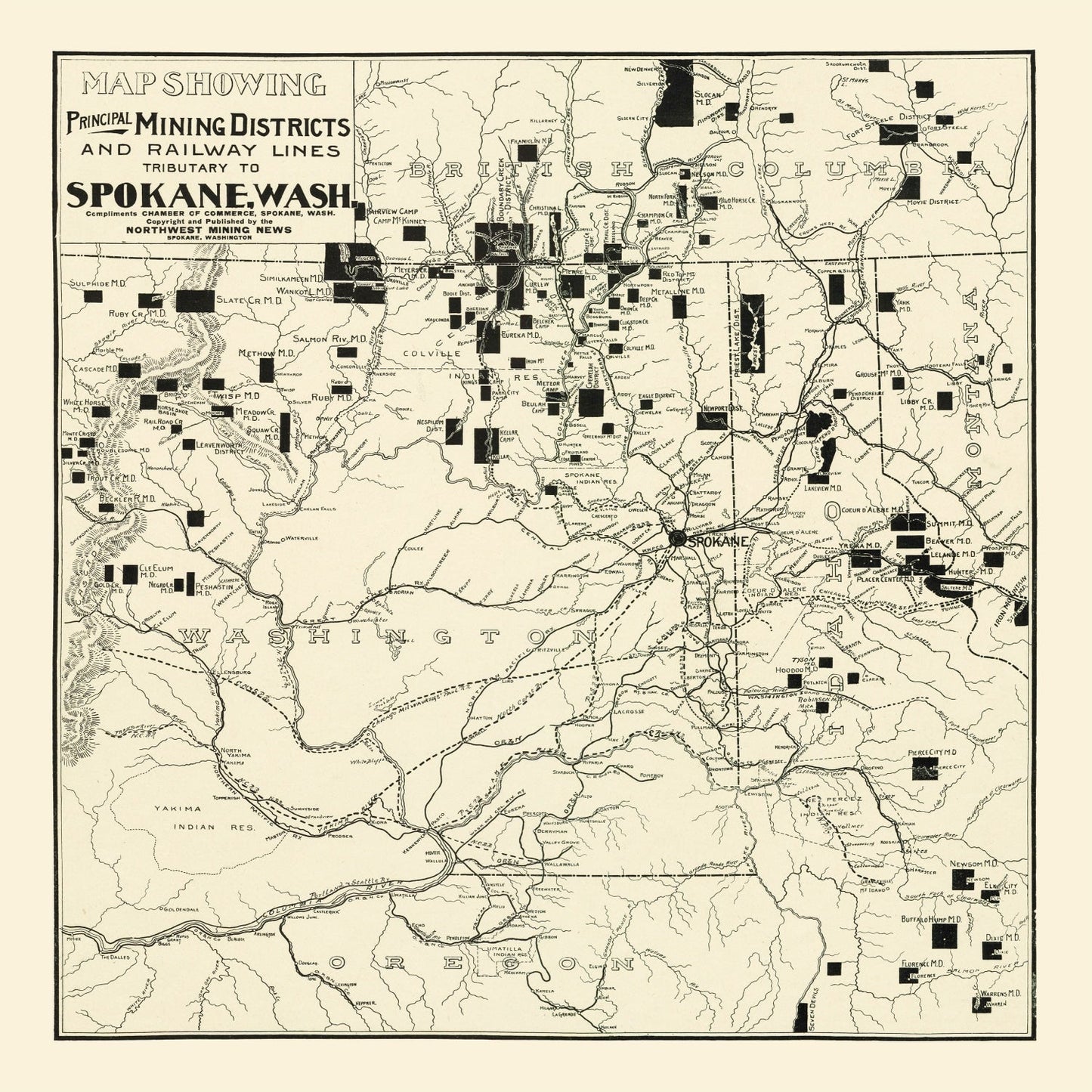 Vintage Map of Spokane Mining Districts, 1909
