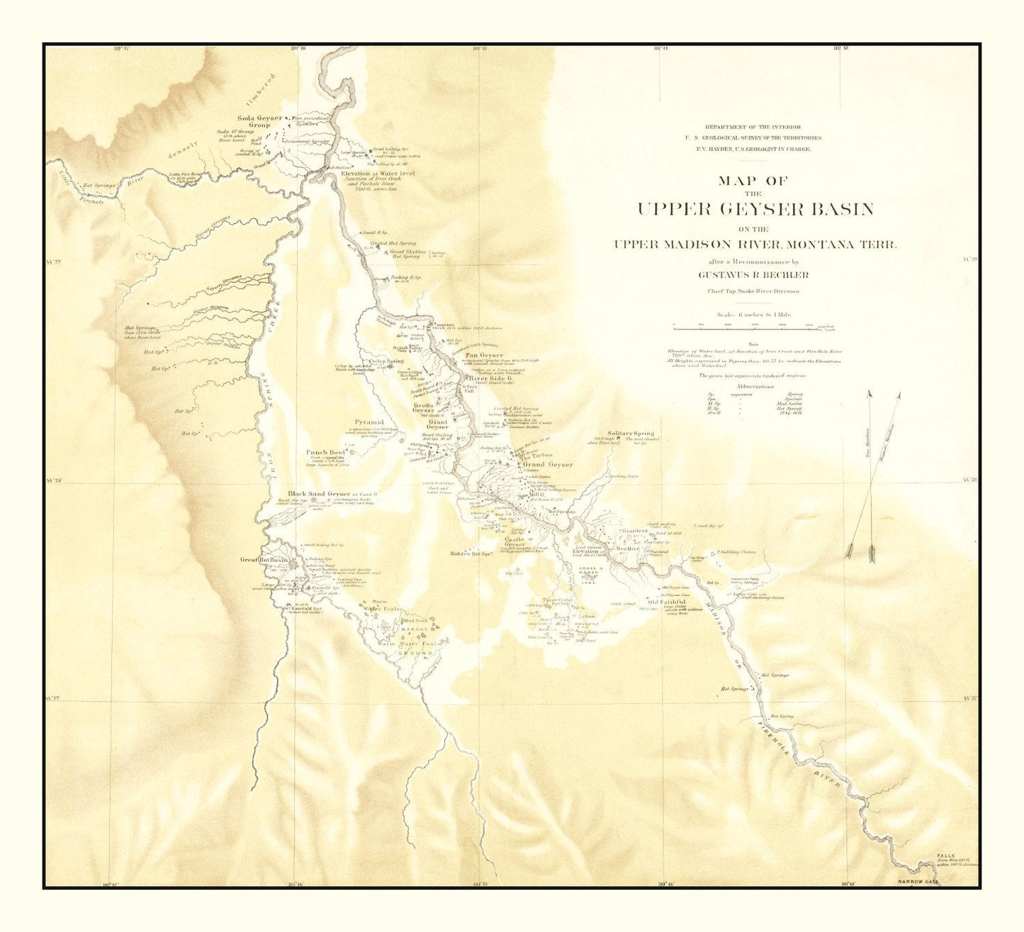 Vintage Map of Upper Geyser Basin on Upper Madison River 1872