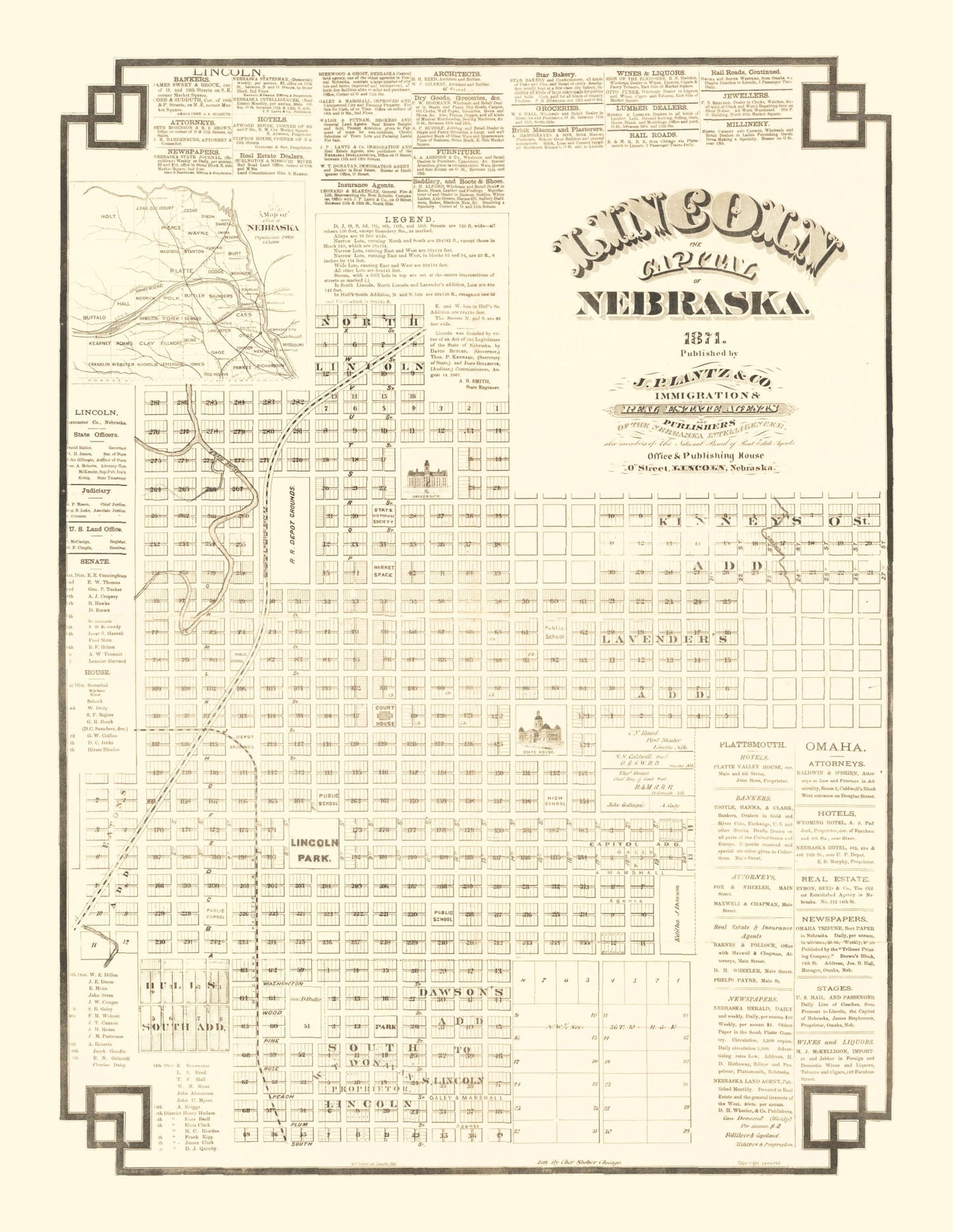 Vintage Map of Lincoln, Nebraska 1871