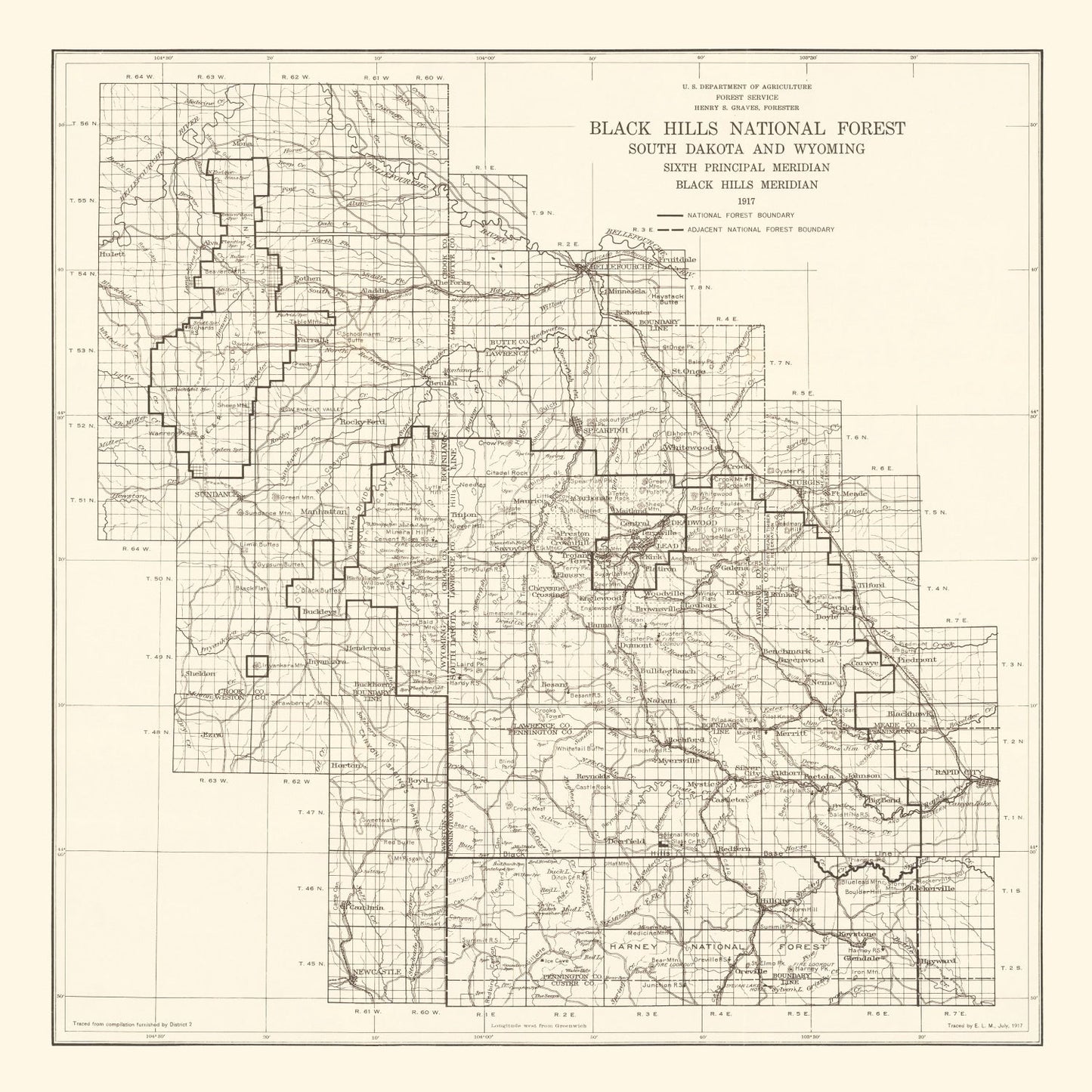 Vintage Black Hills National Forest Map 1917