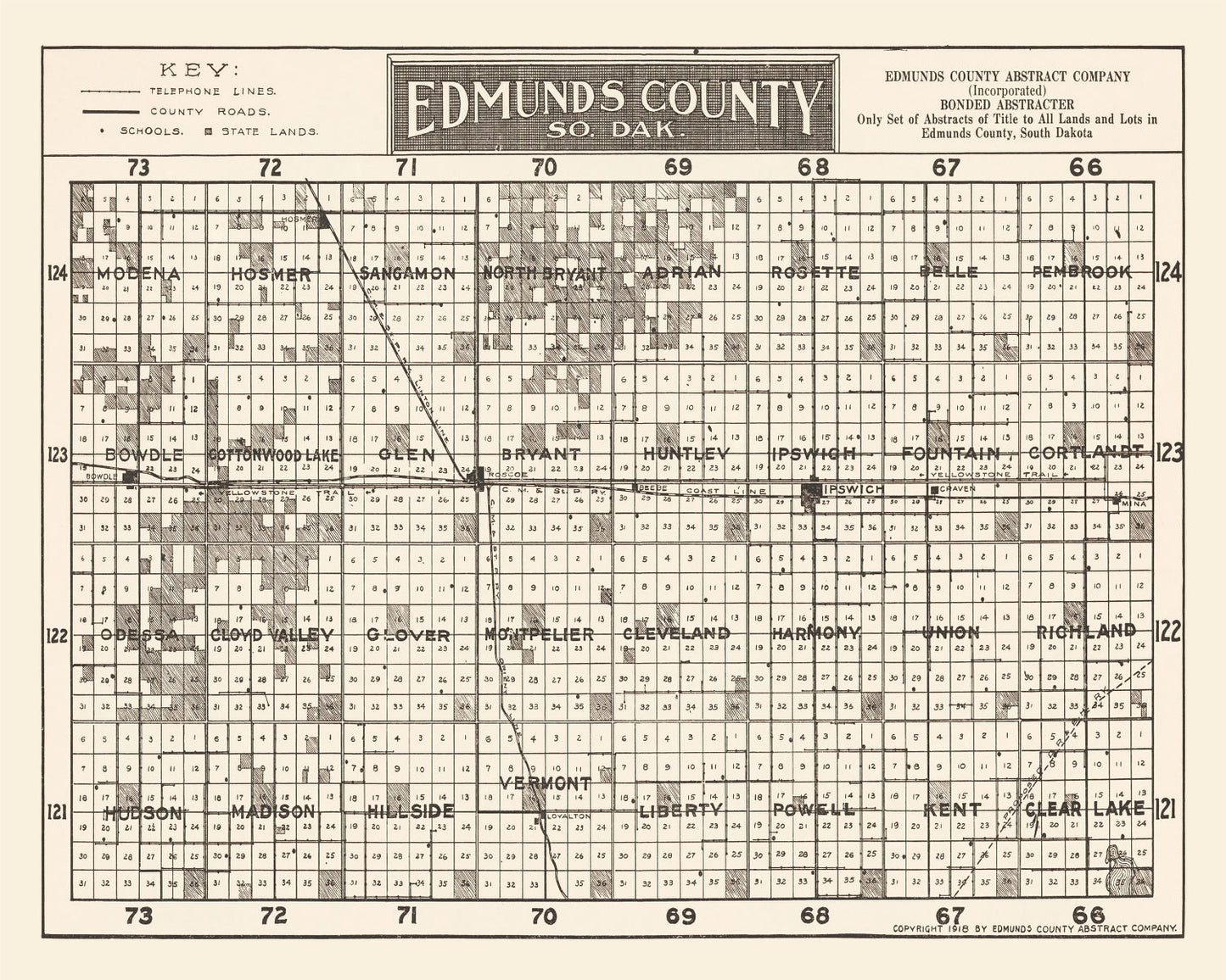Vintage Map of Edmunds County, South Dakota 1918