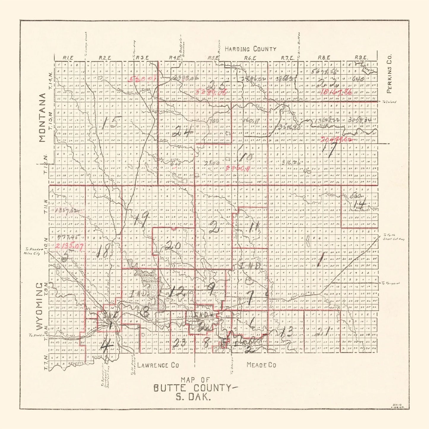 Vintage Map of Butte County, South Dakota 1936