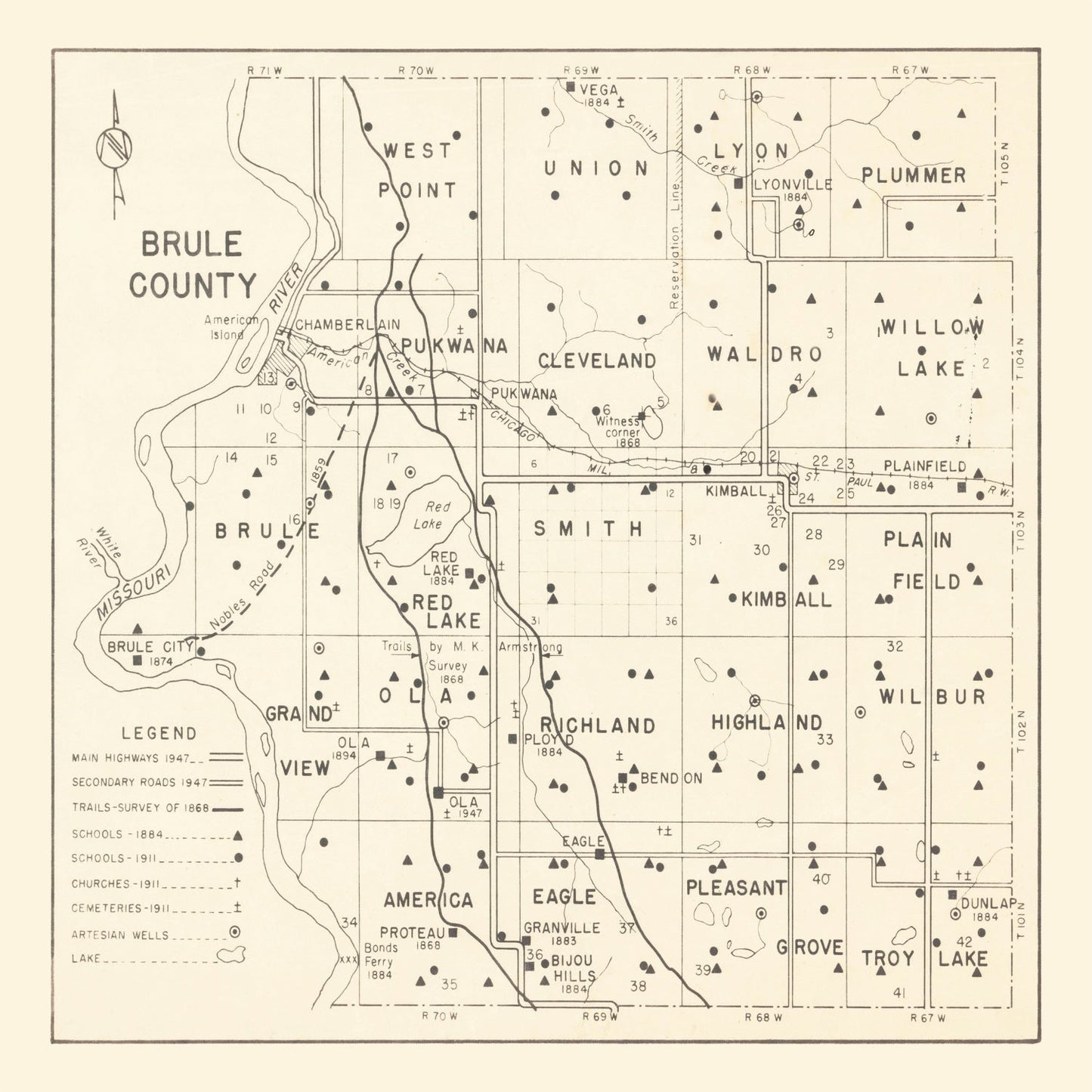Vintage Map of Brule County, South Dakota 1947