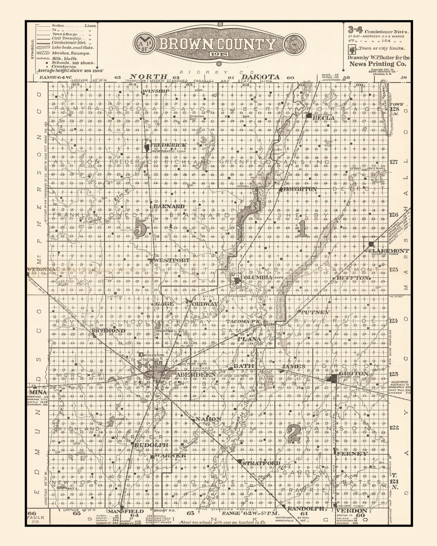 Vintage Map of Brown County, South Dakota 1918