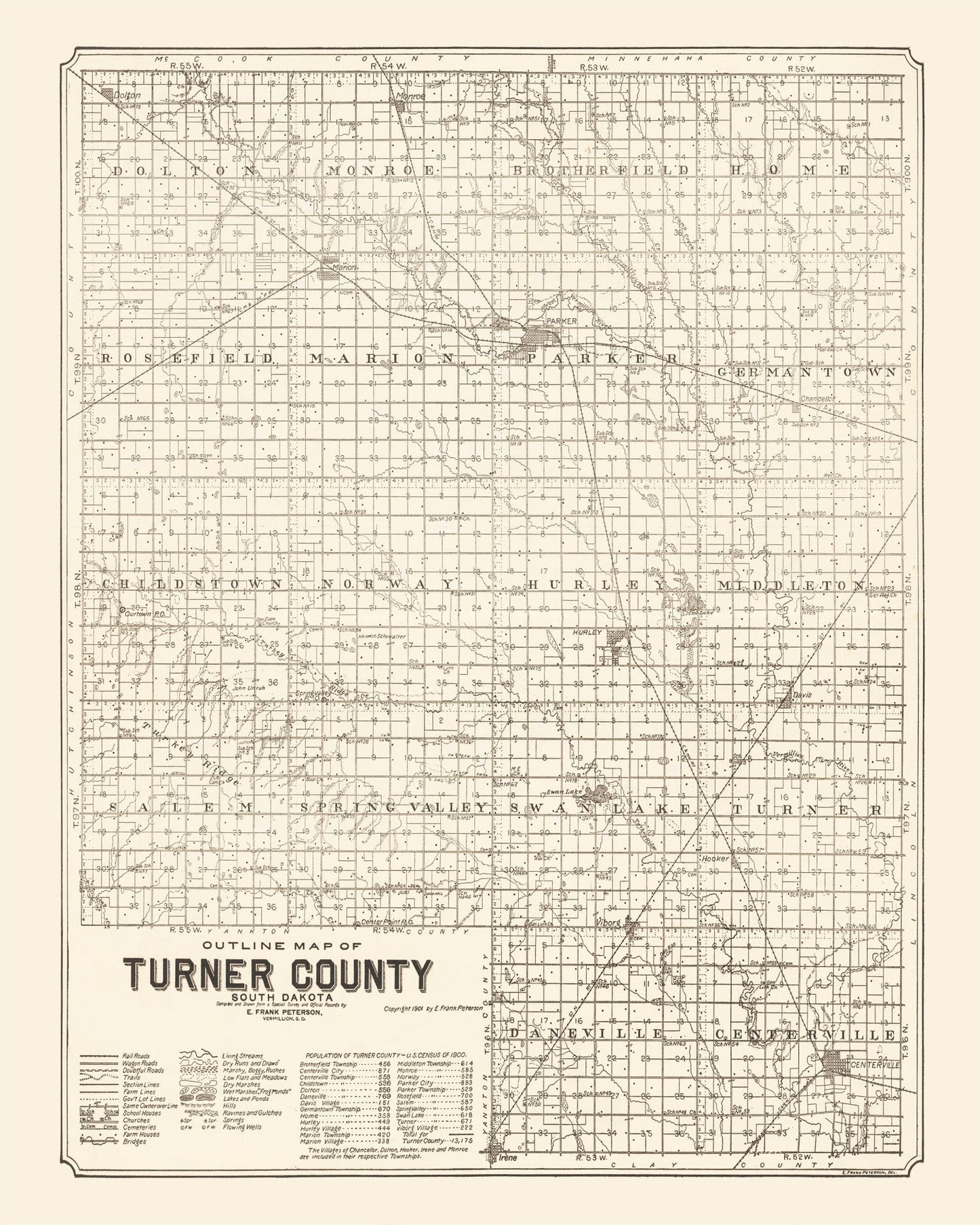 Vintage Map of Turner County, South Dakota 1901