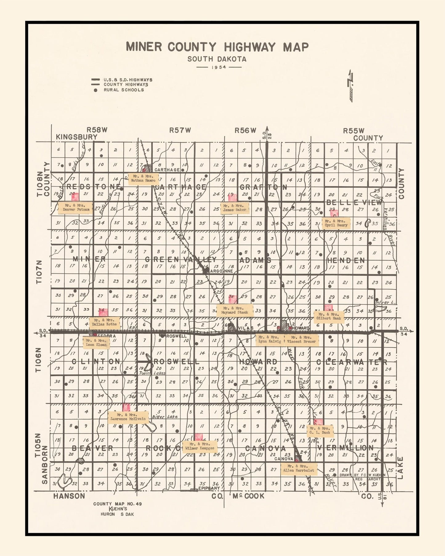 Vintage Map of Miner County, South Dakota 1954