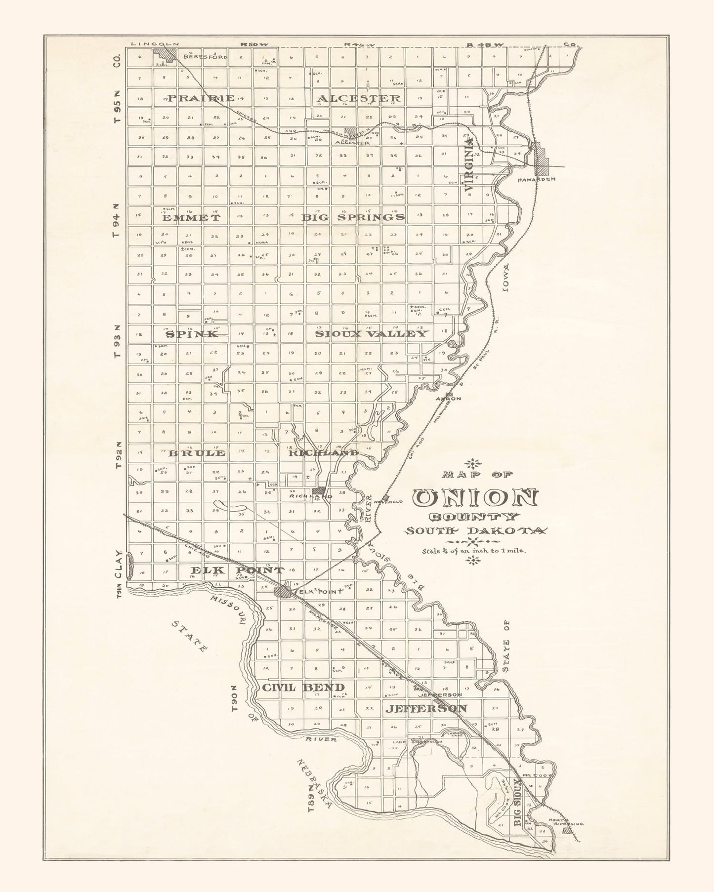 Vintage Map of Union County, South Dakota 1900