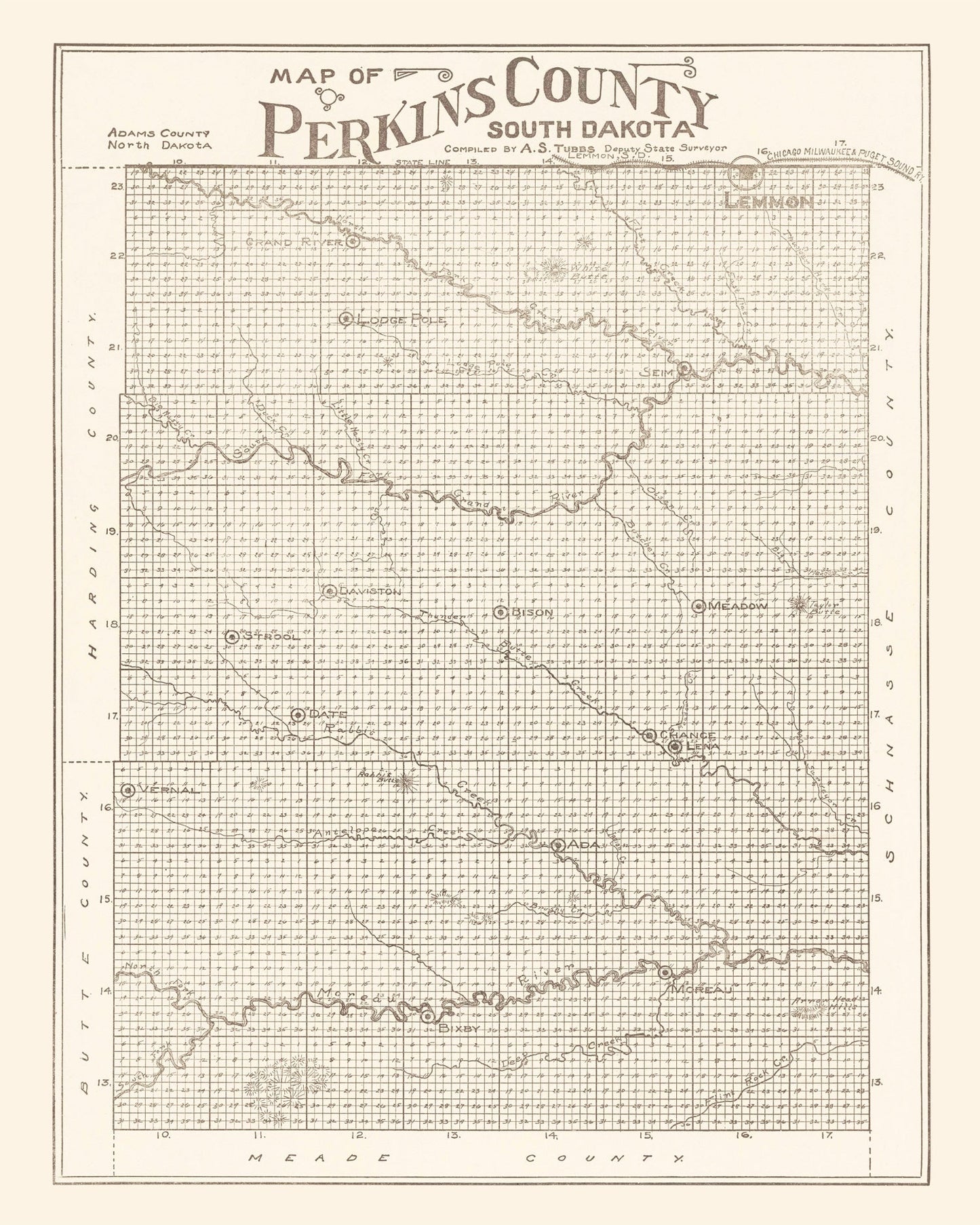 Vintage Map of Perkins County, South Dakota 1919