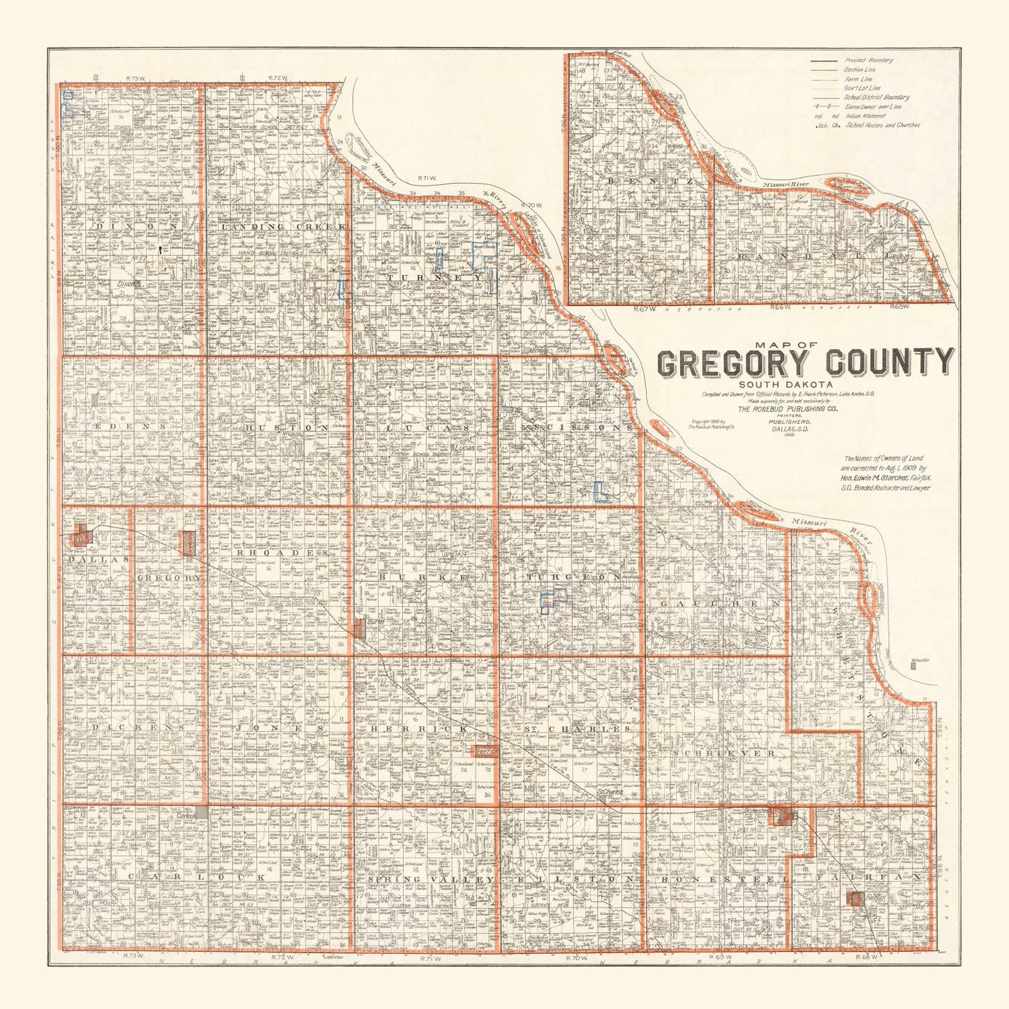 Vintage Map of Gregory County, South Dakota 1909