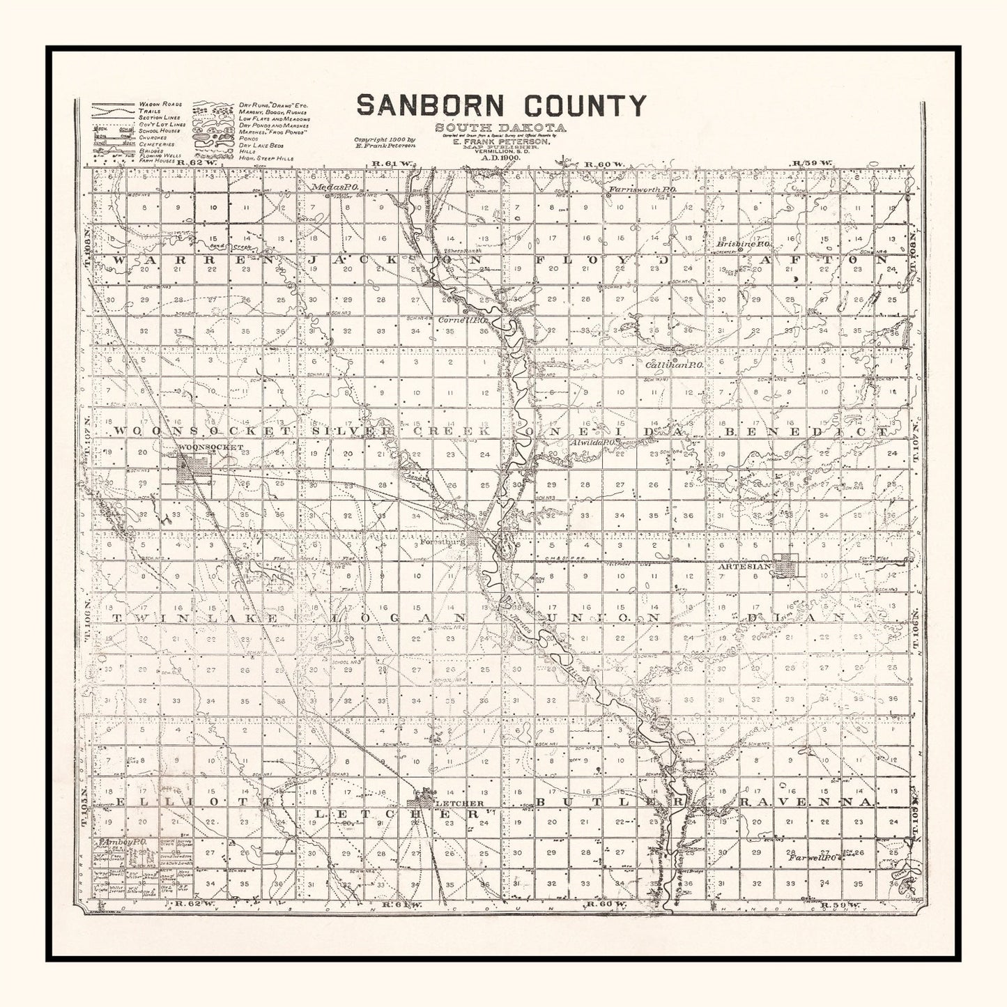 Vintage Map of Sanborn County, South Dakota 1900