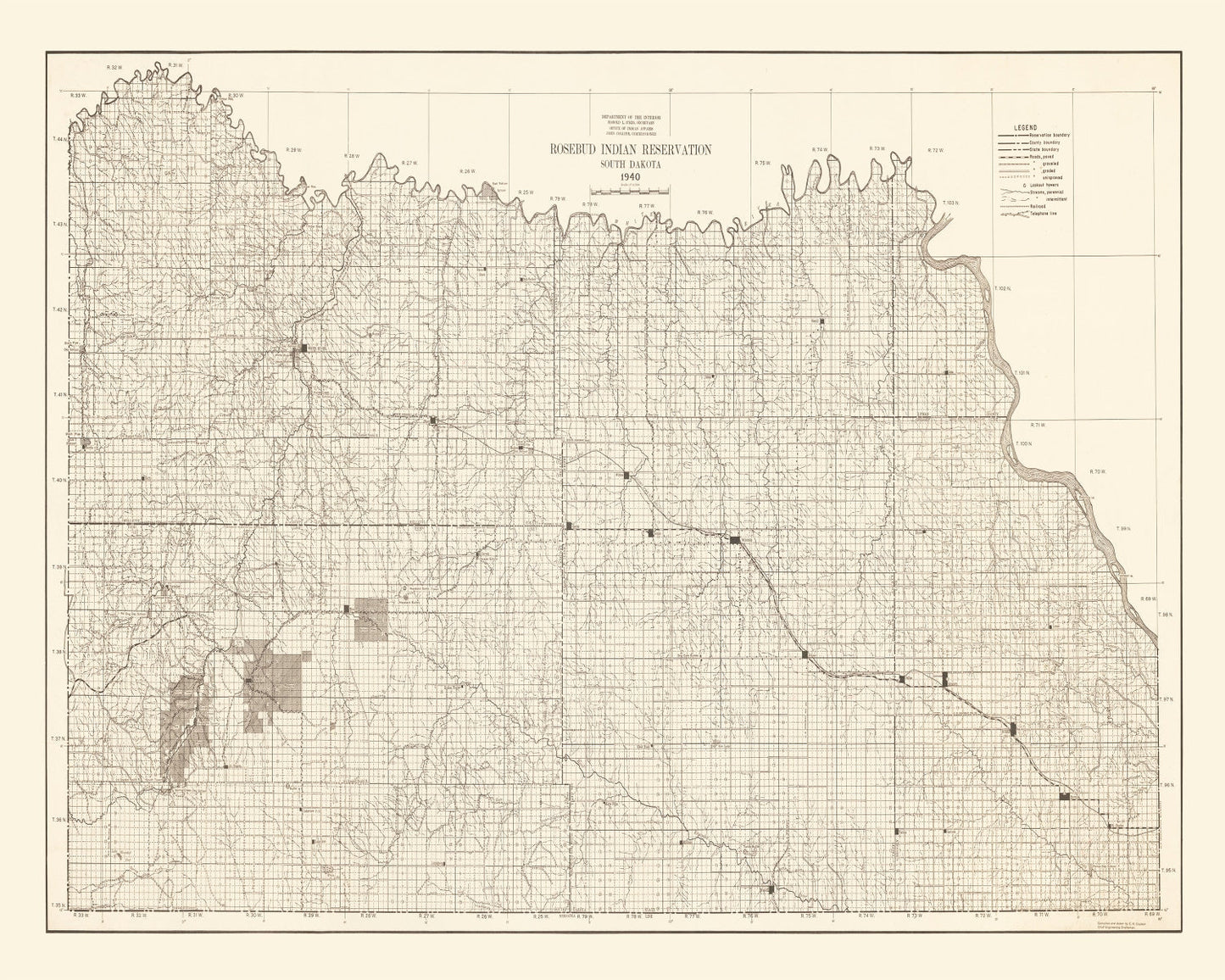 Vintage Rosebud Indian Reservation Map 1940