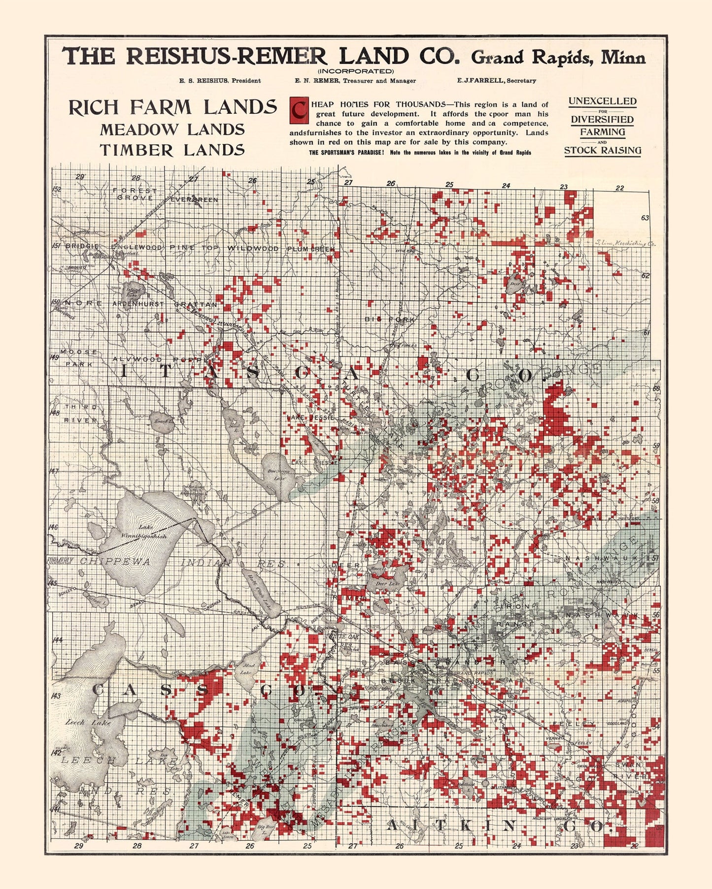 Vintage Map of Itasca County, Minnesota 1908