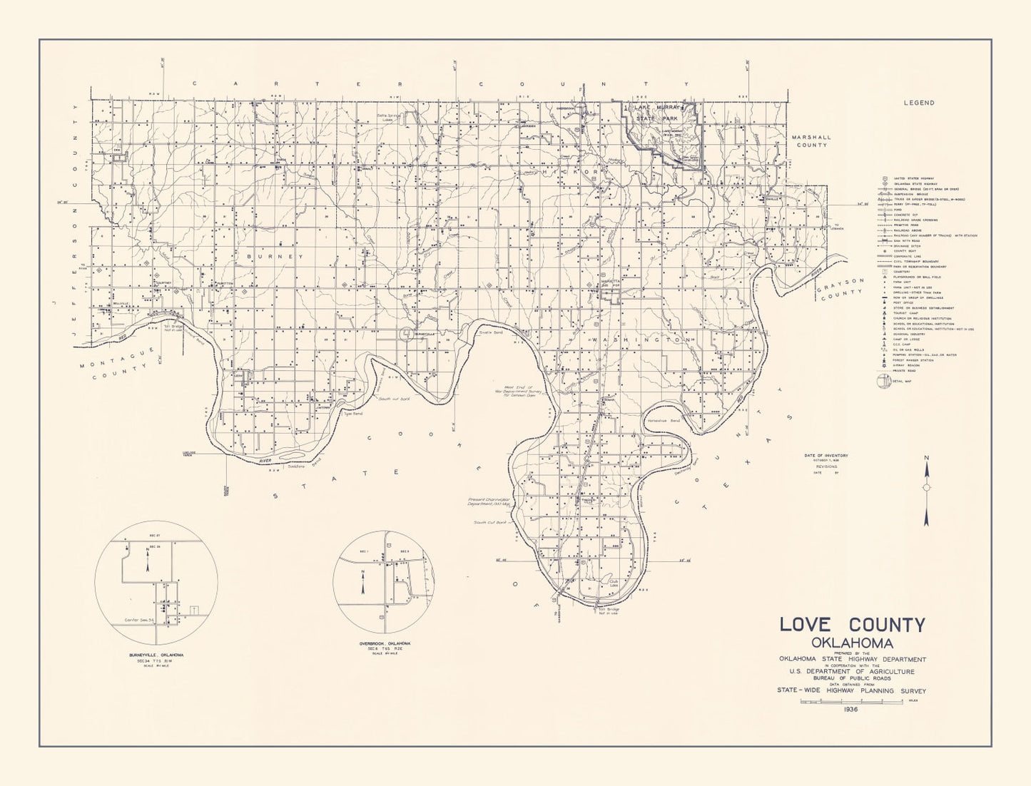 Vintage Map of Love County, Oklahoma 1936