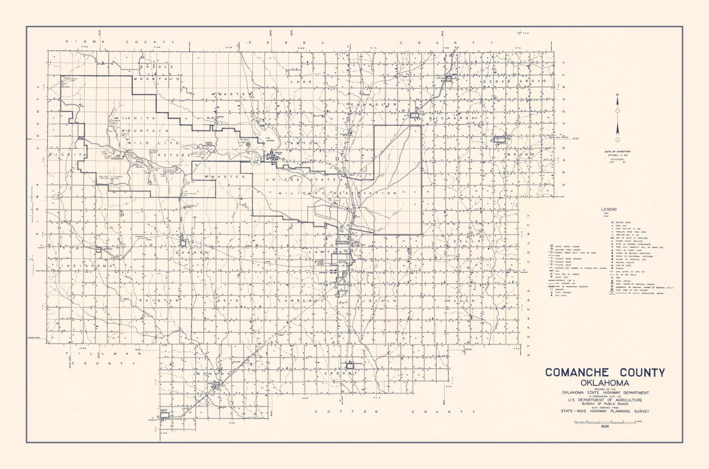 Vintage Map of Comanche County, Oklahoma 1936