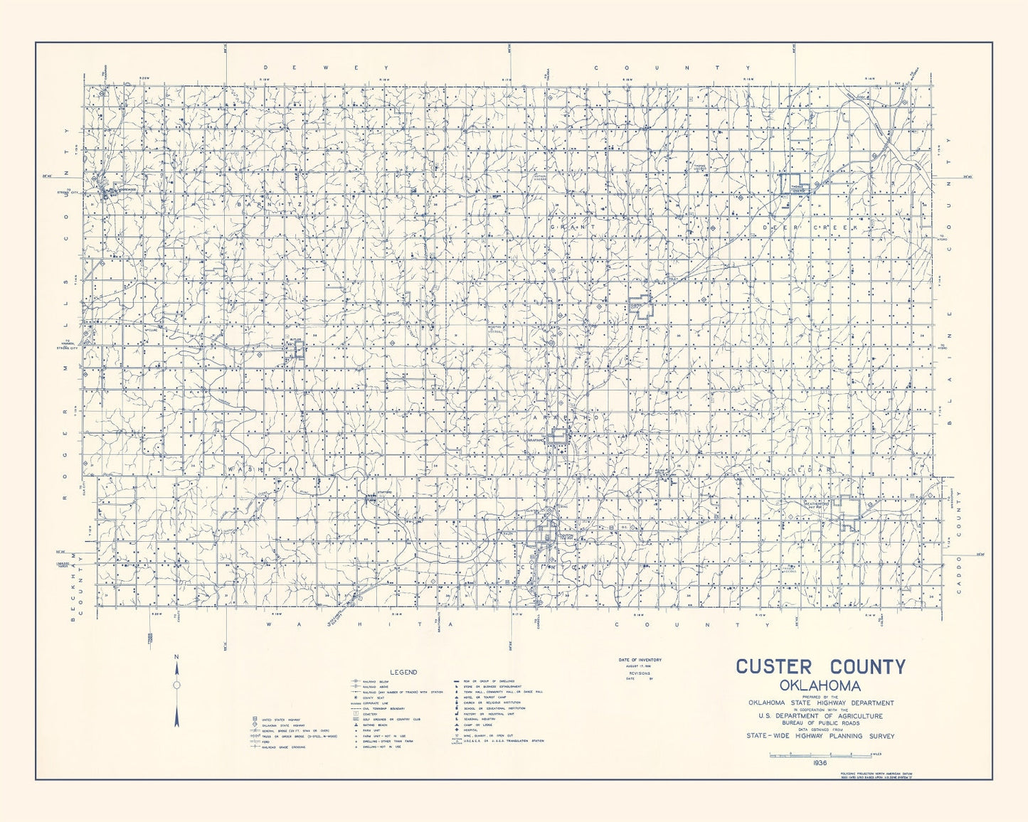 Vintage Map of Custer County, Oklahoma 1936