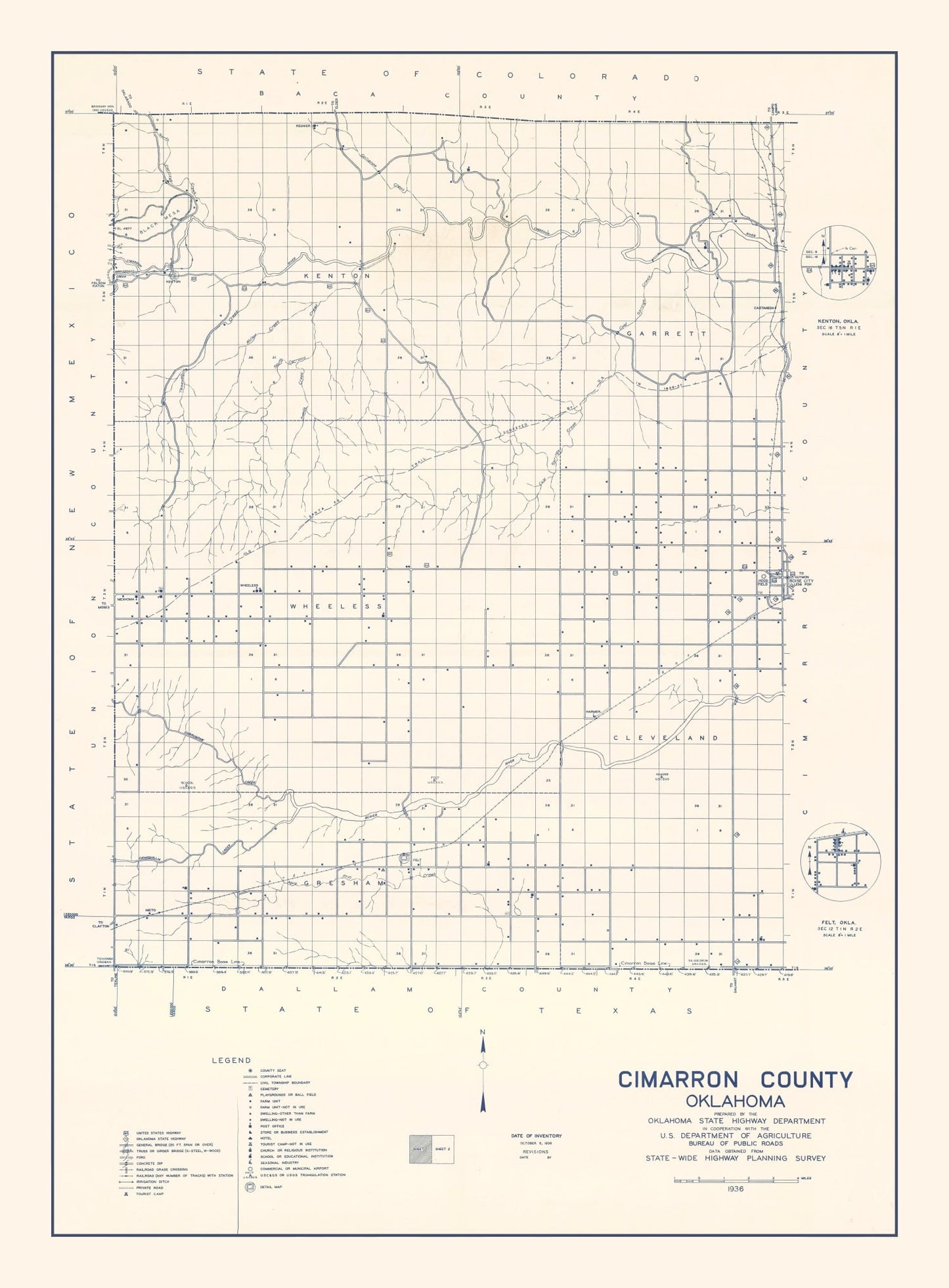 Vintage Map of Cimarron County, Oklahoma 1936