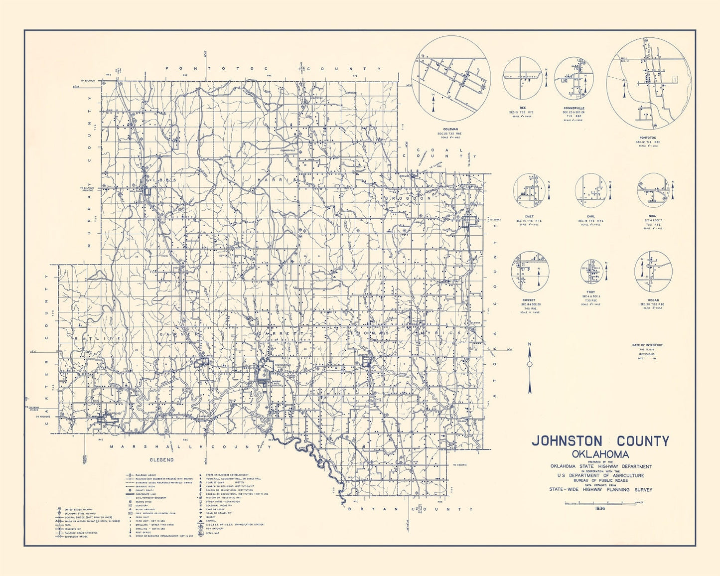 Vintage Map of Johnston County, Oklahoma 1936