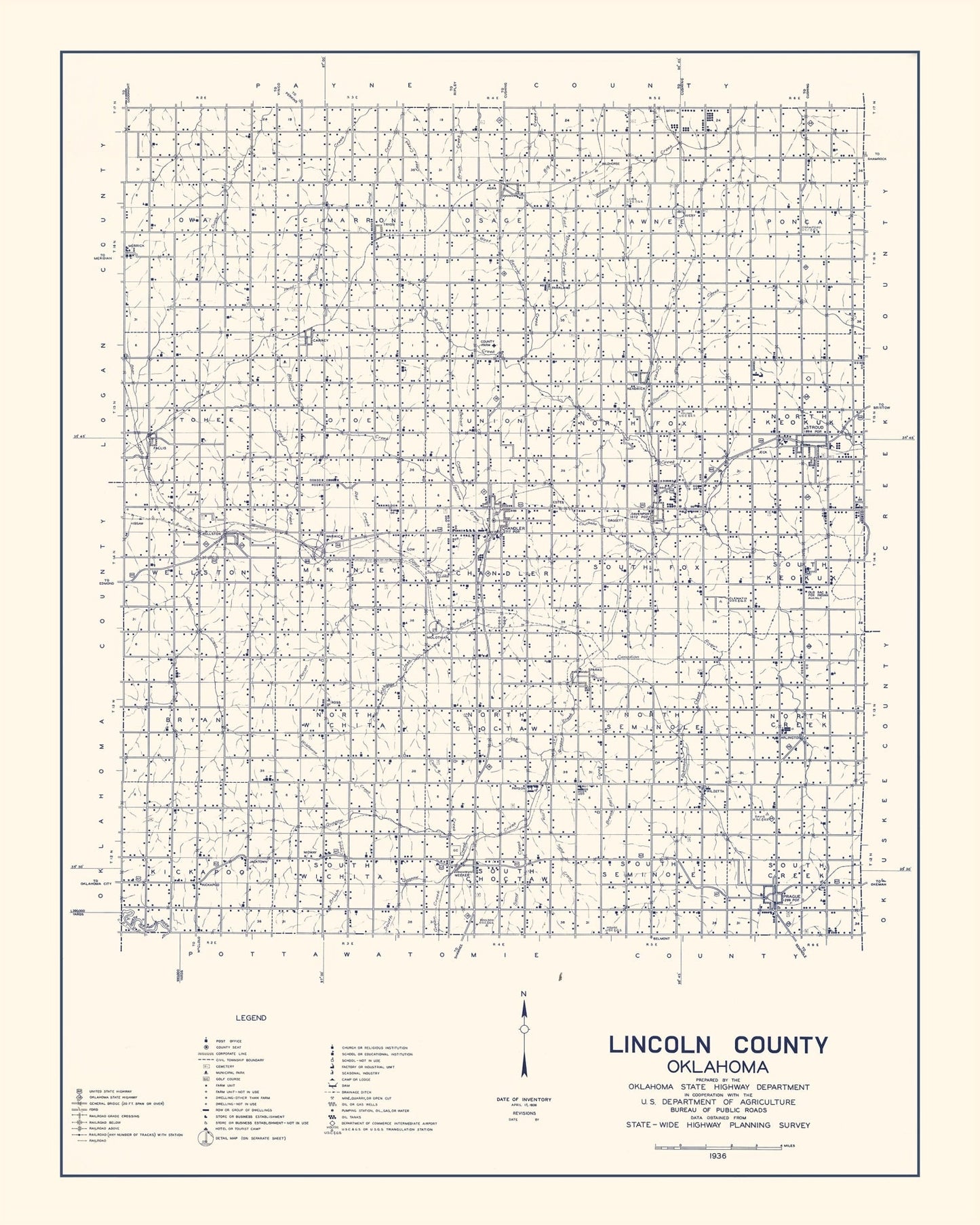 Vintage Map of Lincoln County, Oklahoma 1936