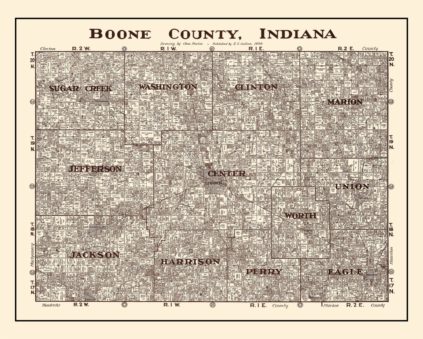 Vintage Map of Boone County, Indiana 1936