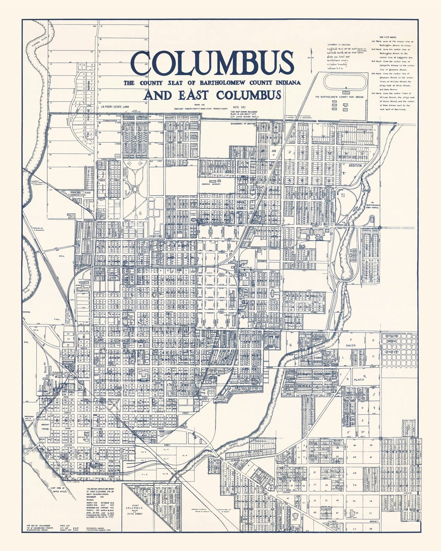 Vintage Map of Columbus, Indiana 1930