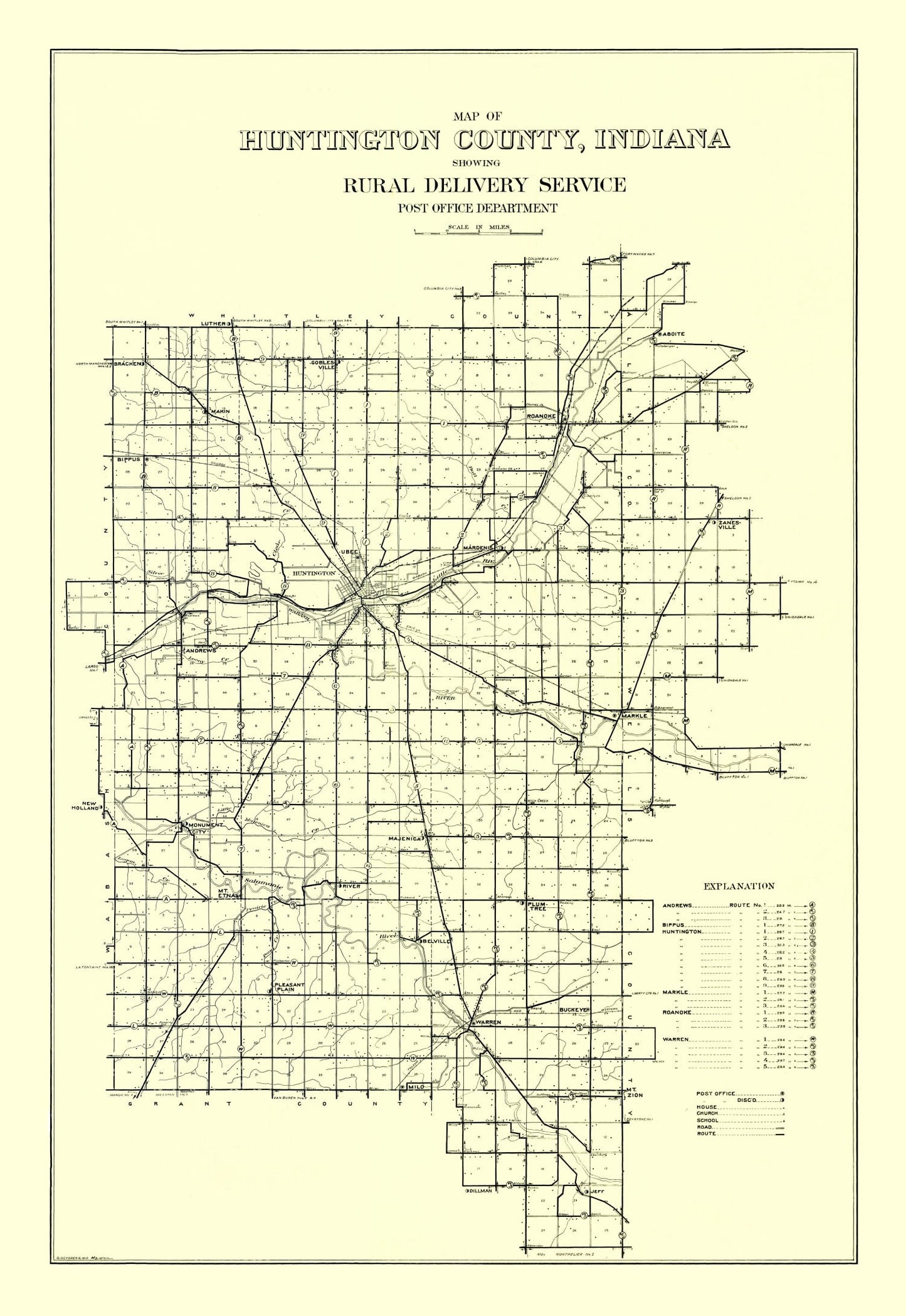 Vintage Map of Huntington County, Indiana 1910