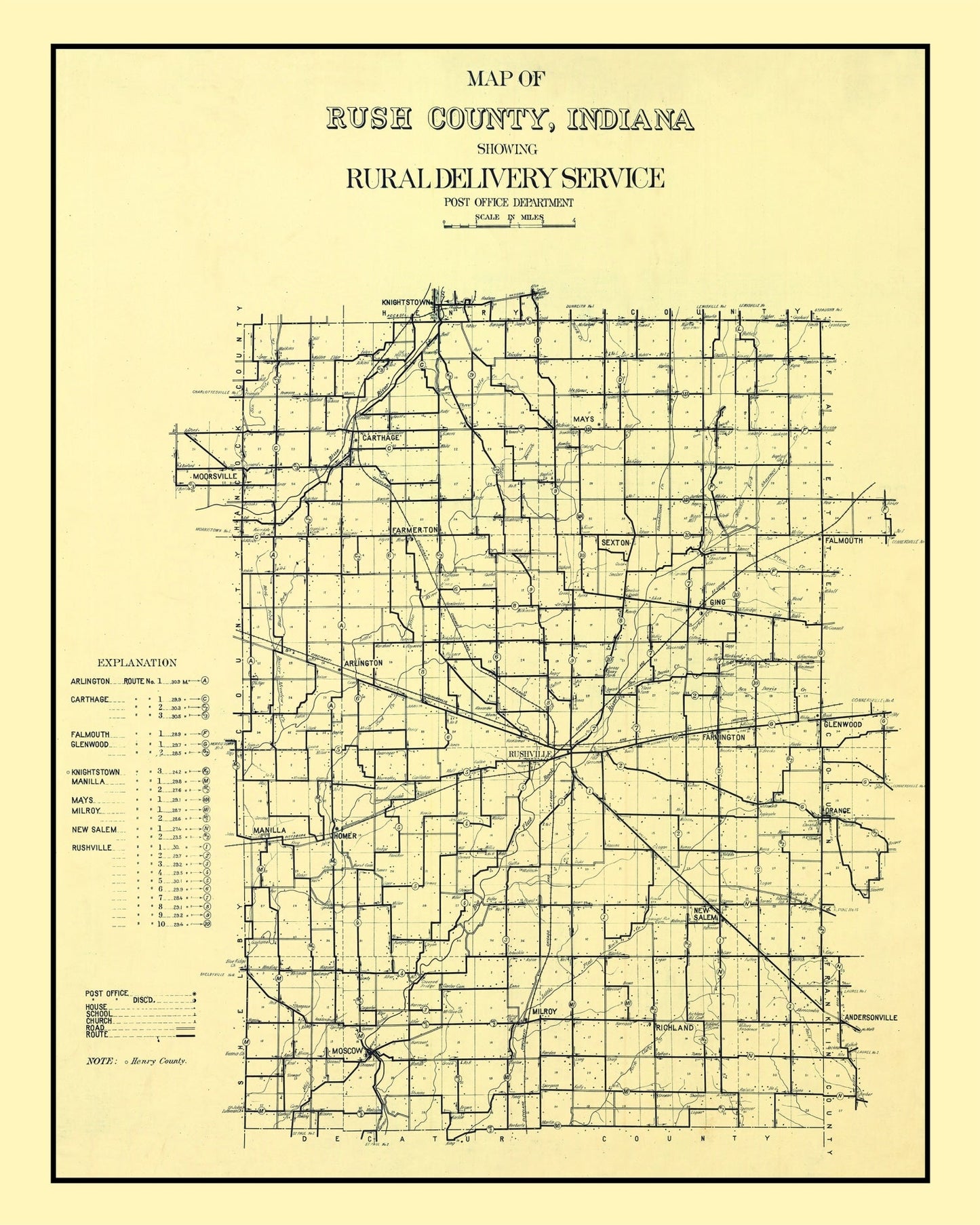 Vintage Map of Rush County, Indiana 1909