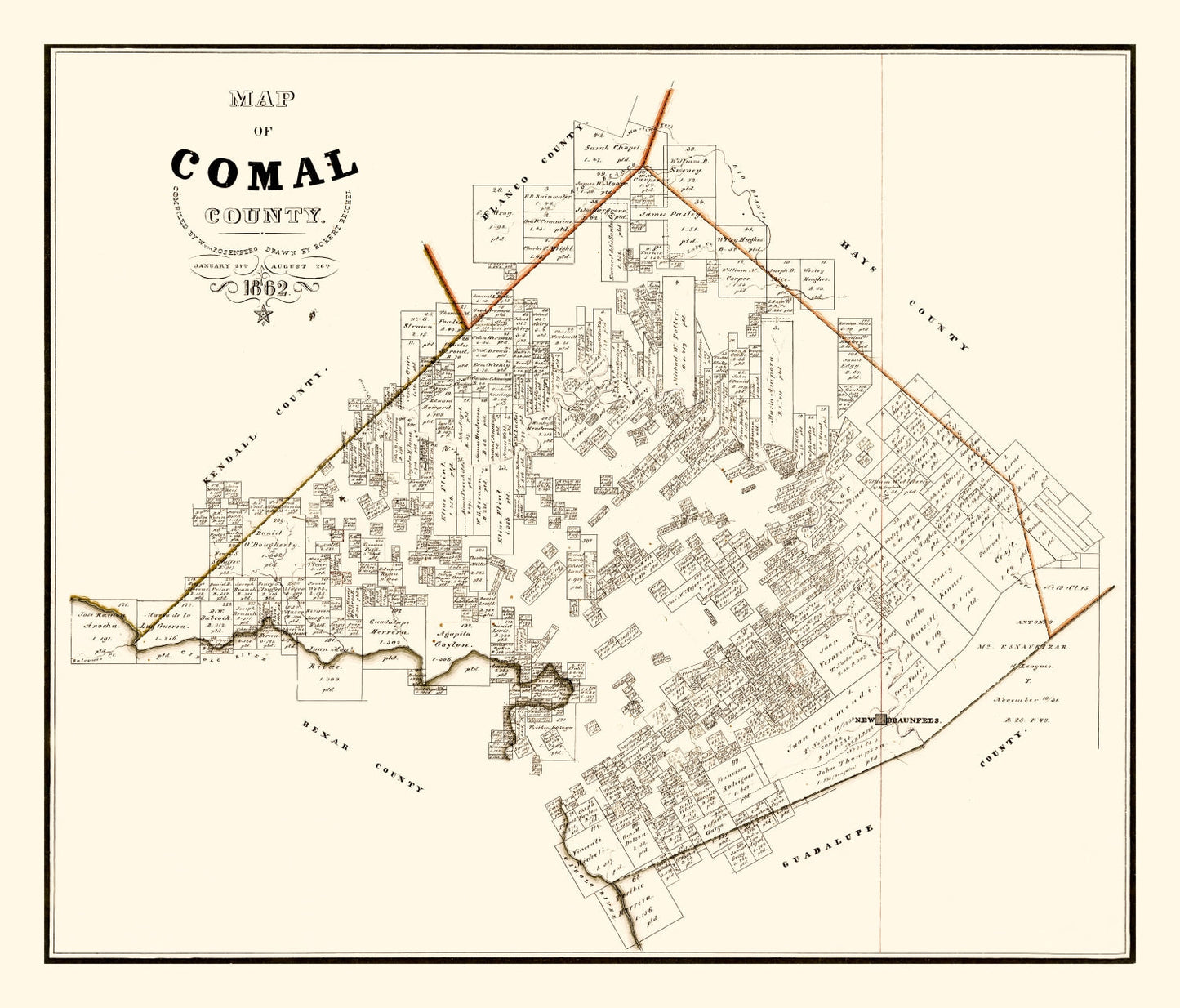 Vintage Map of Comal County, Texas 1862