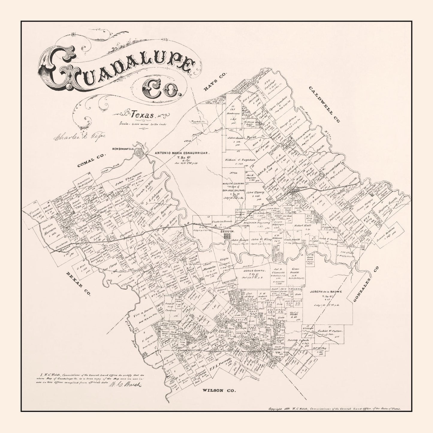 Vintage Map of Guadalupe County, Texas 1880
