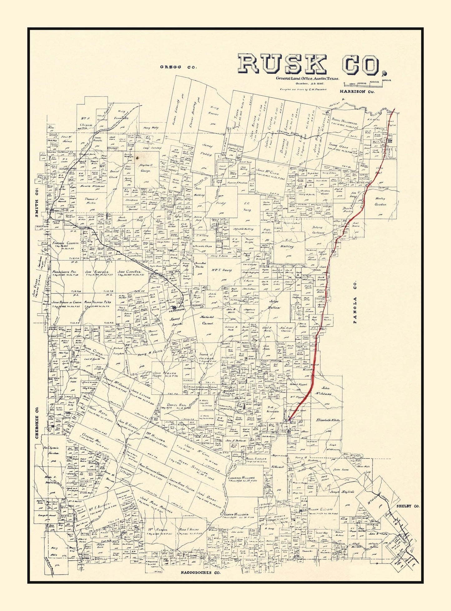 Vintage Map of Rusk County, Texas 1895