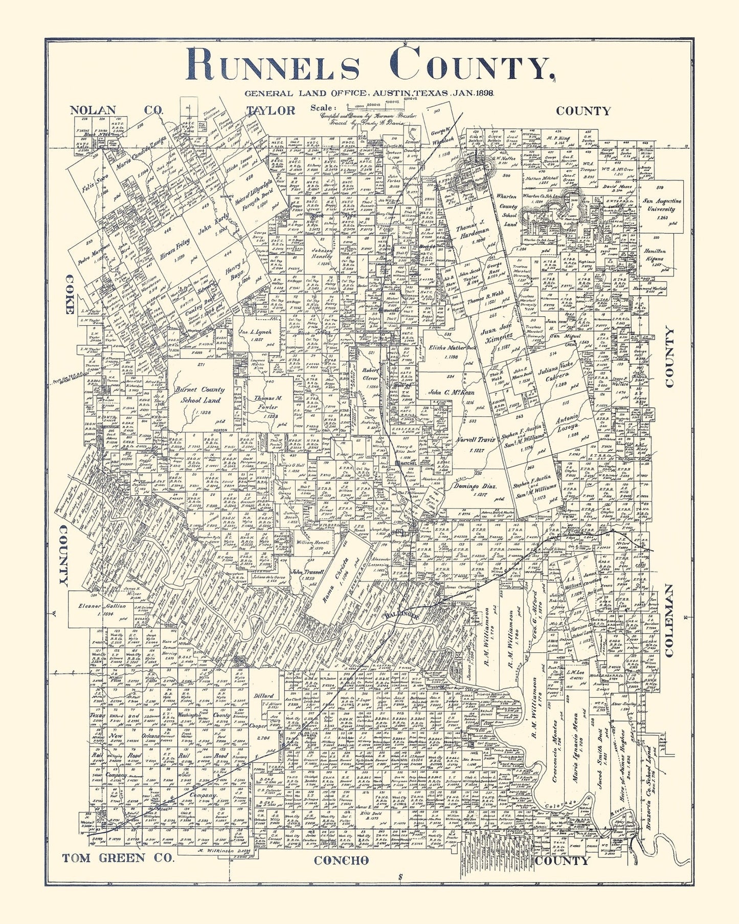 Vintage Map of Runnels County, Texas 1898