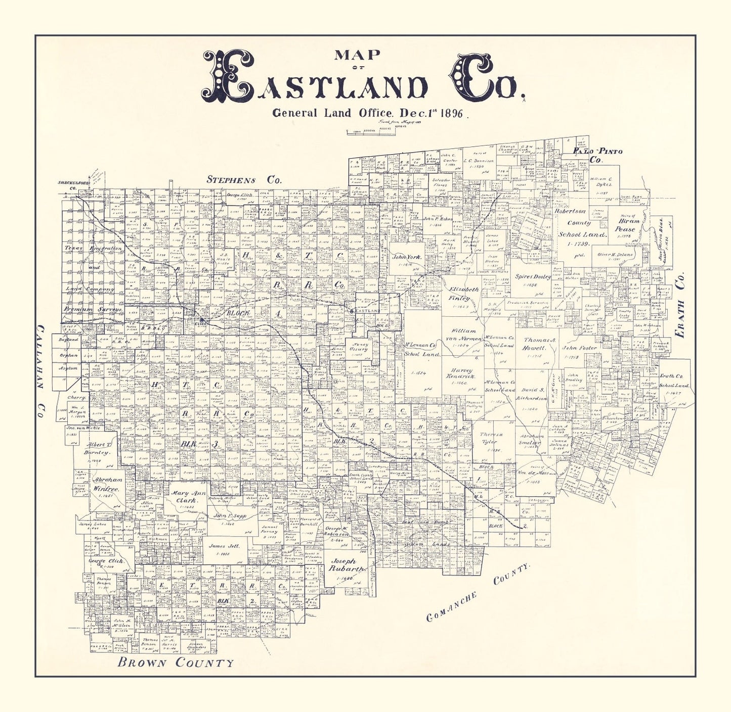 Vintage Map of Eastland County, Texas 1896