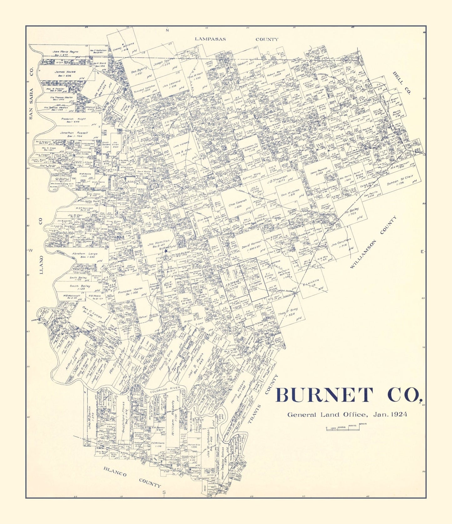 Vintage Map of Burnet County, Texas 1924