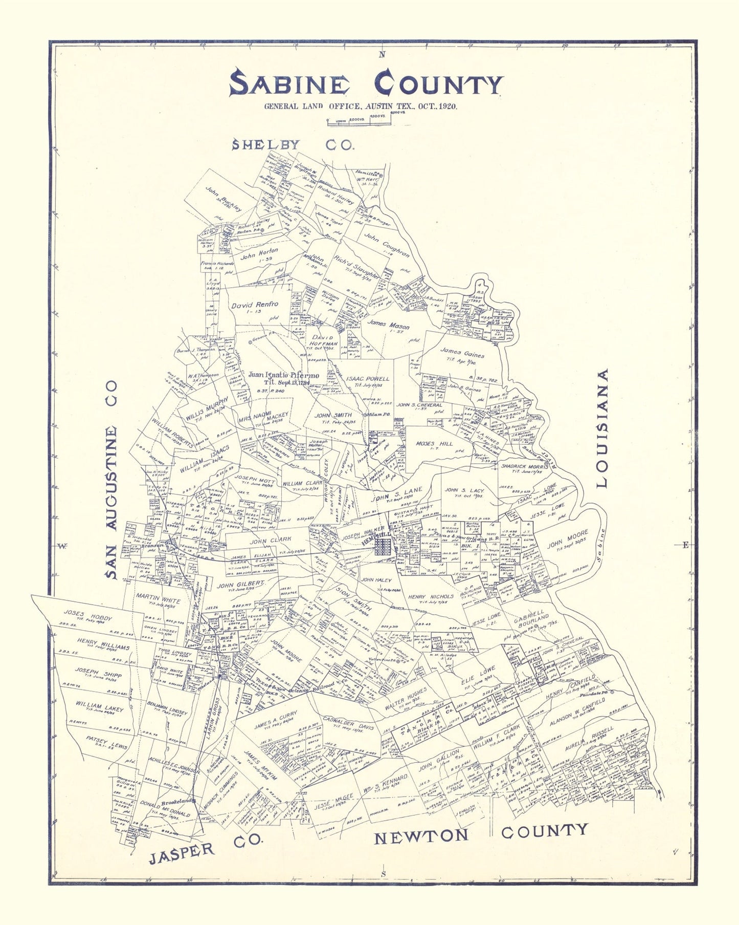 Vintage Map of Sabine County, Texas 1920