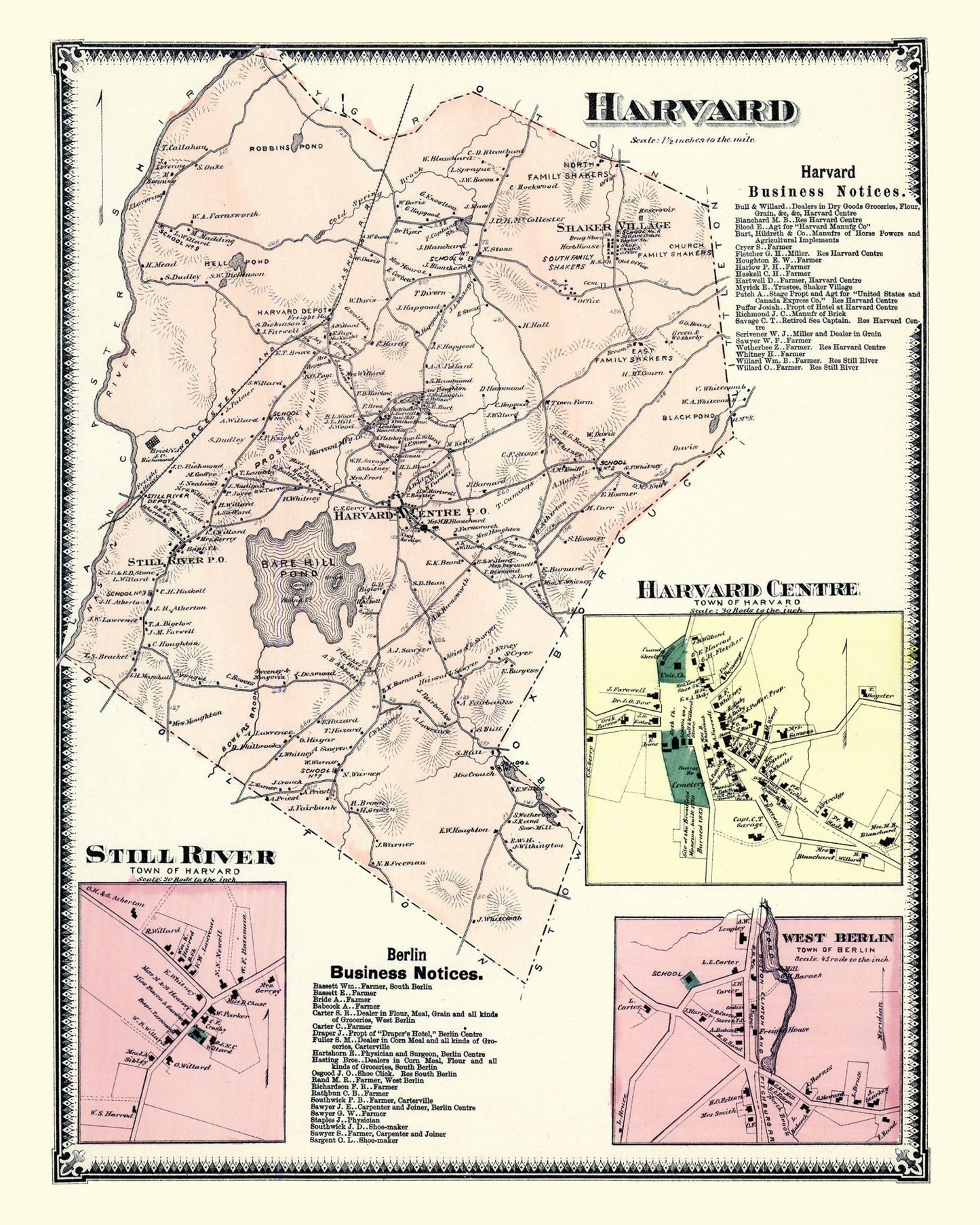 Vintage Map of Harvard, Massachusetts 1870