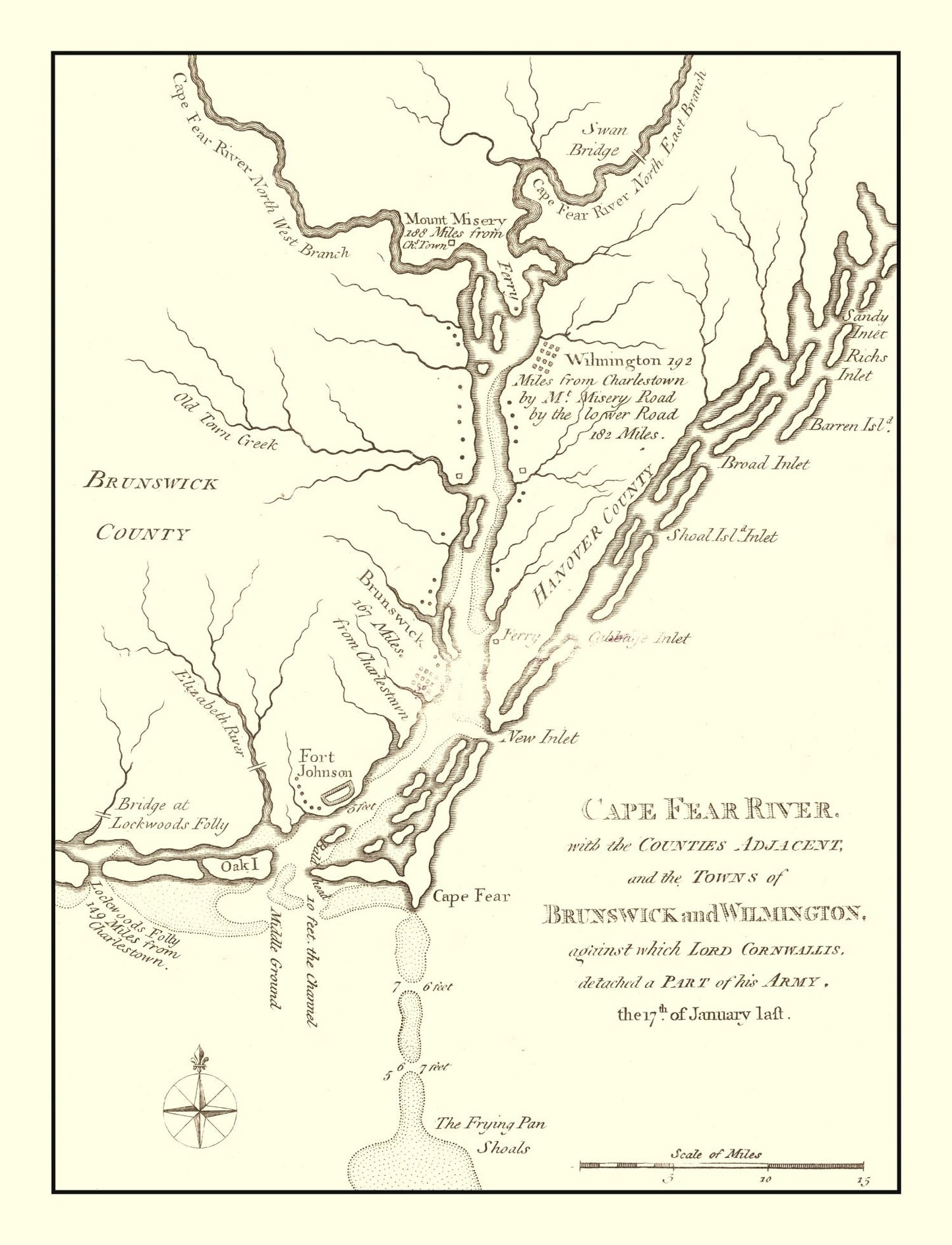 Vintage Cape Fear River Map, North Carolina 1781