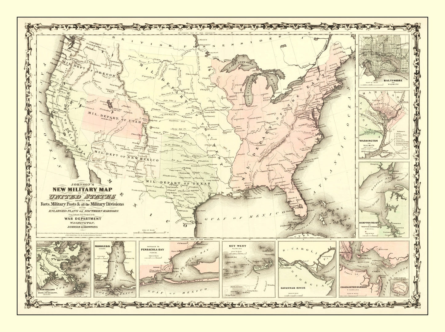 Vintage Military Map of the Southern Harbors 1861