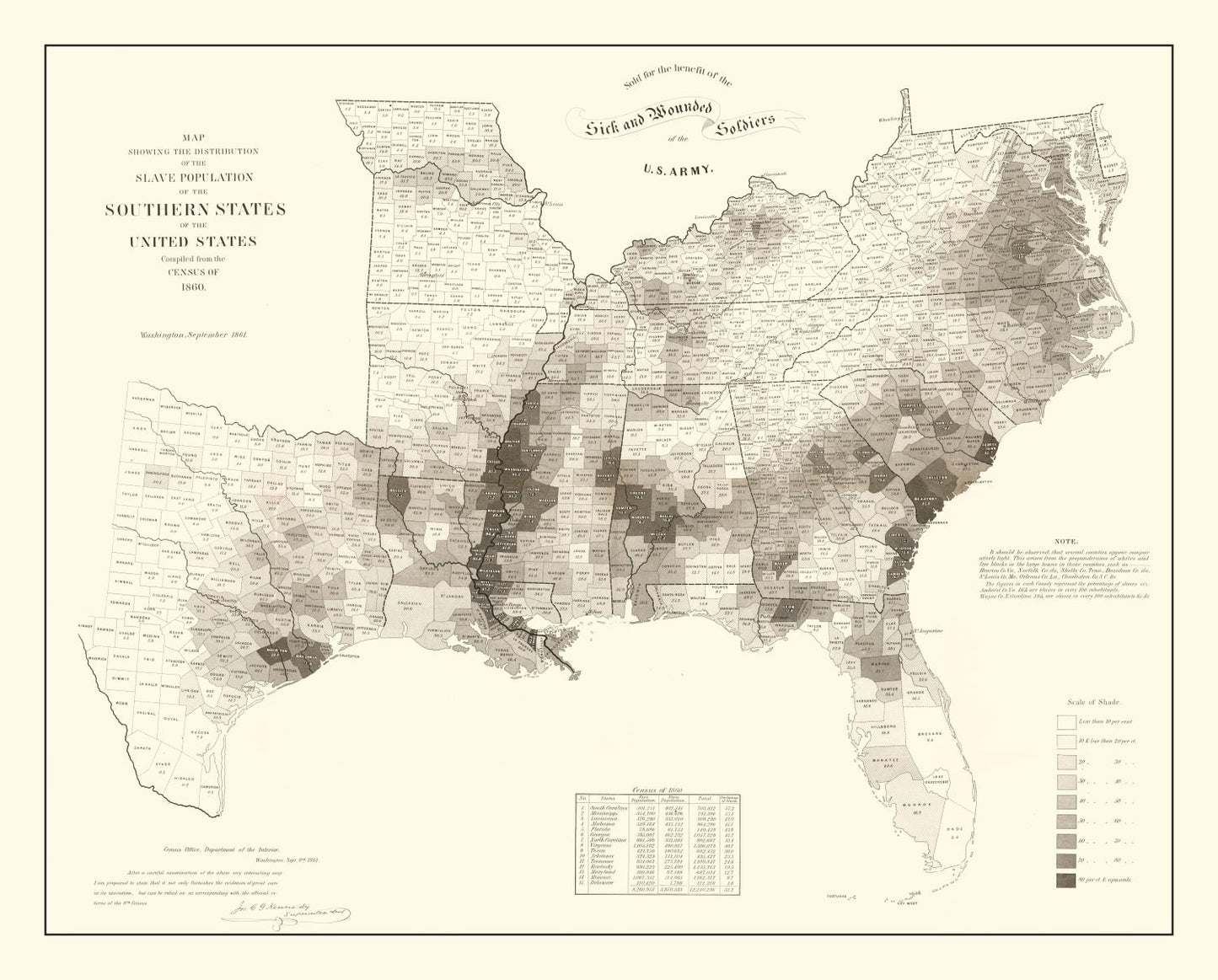 Vintage Map of Slaves in the Southern States 1861