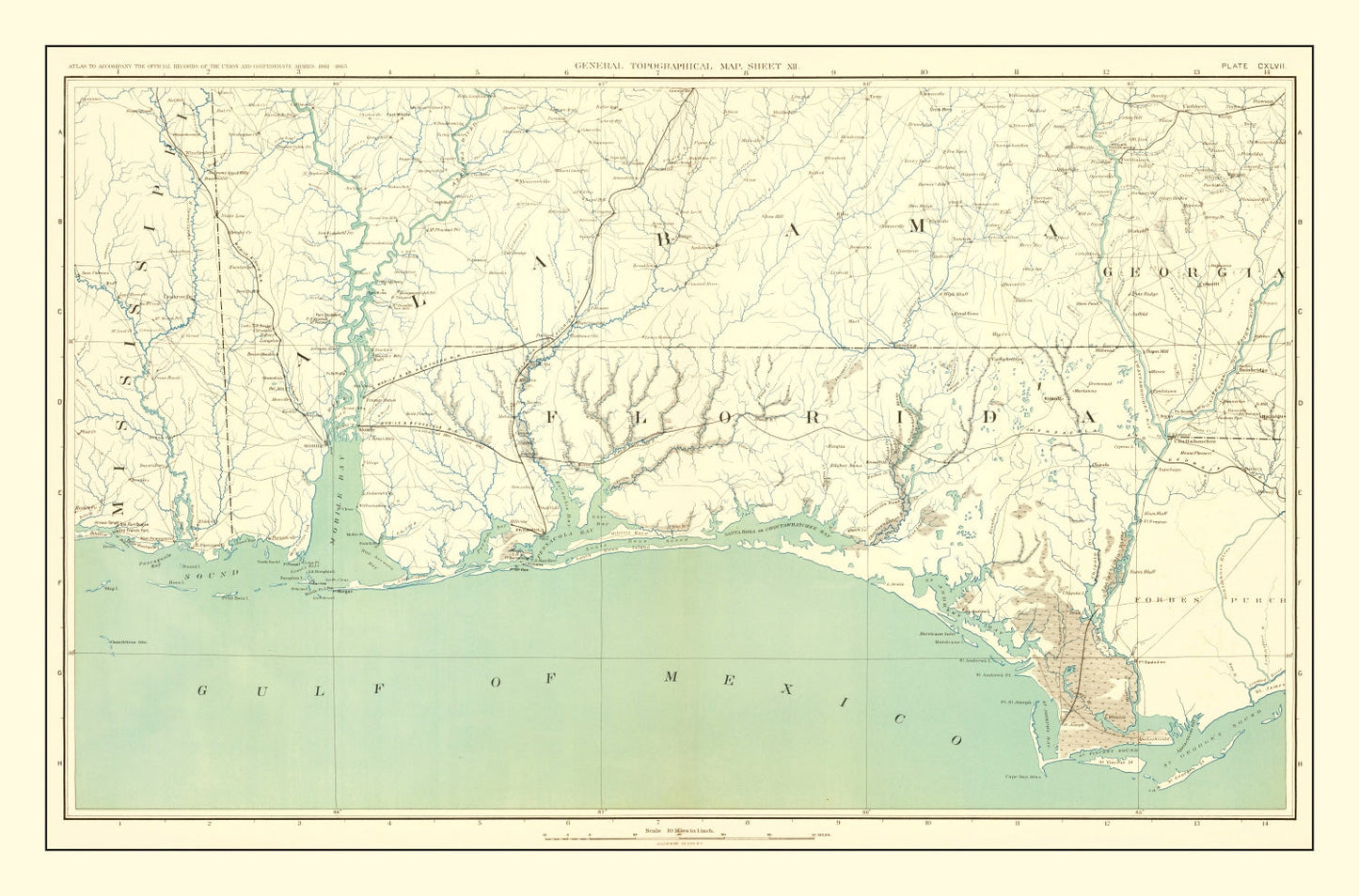Vintage Civil War Gulf Coast Topographic Map 1893