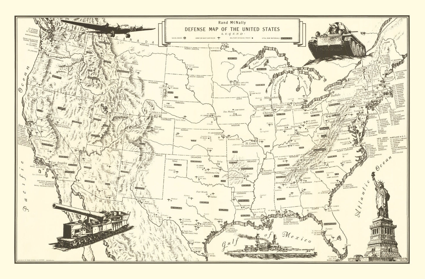 Vintage Defense Map of the United States 1941