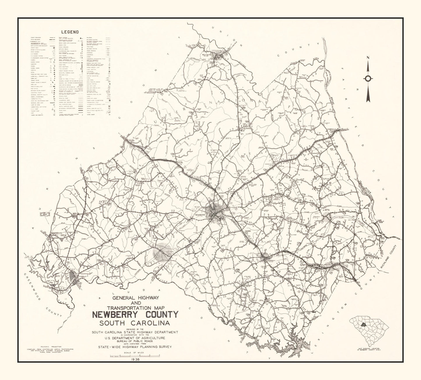 Vintage Map of Newberry County, South Carolina 1938